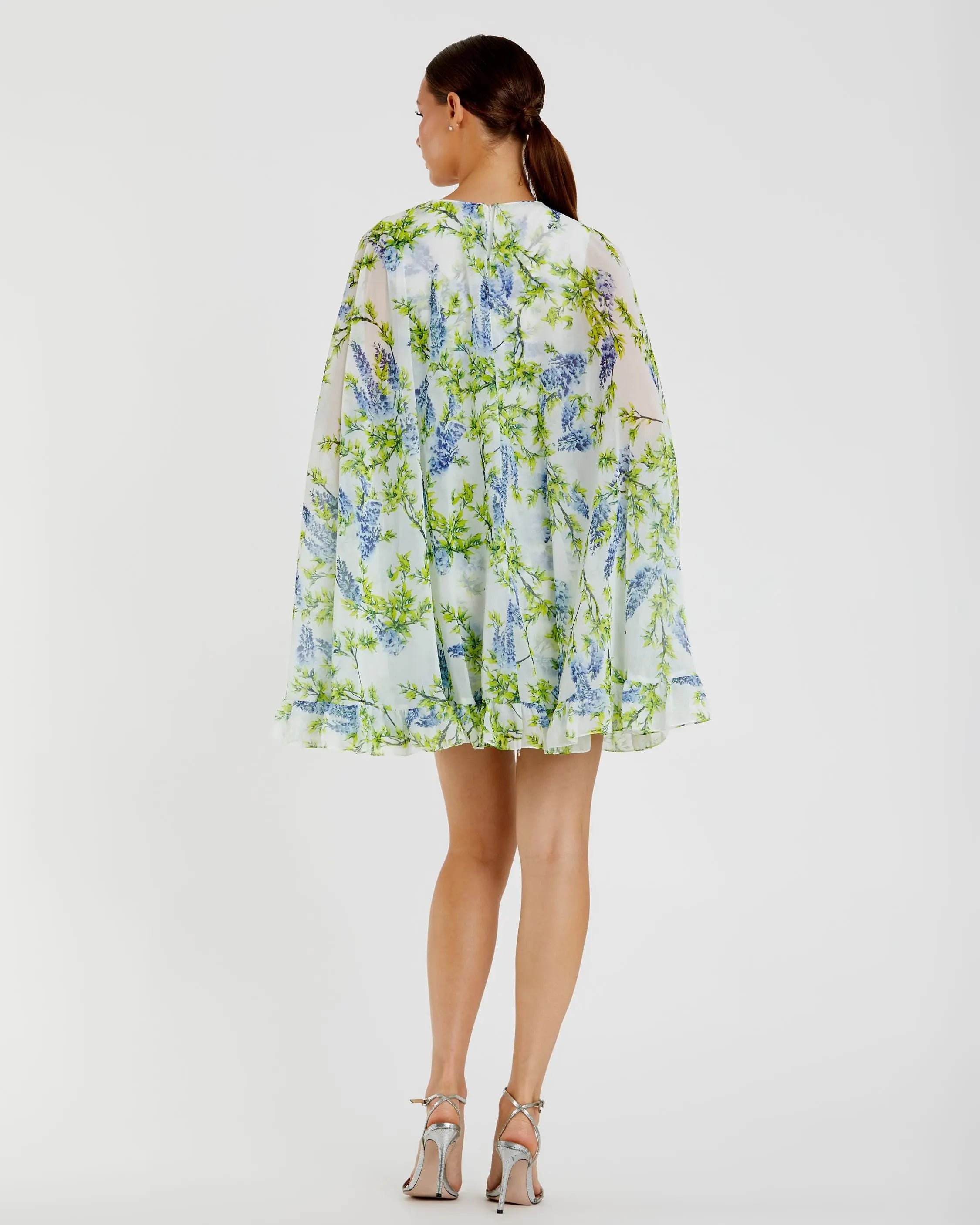Multicolor Floral Print High Neck Ruffle Hem Cape Mini Dress-Myartka
