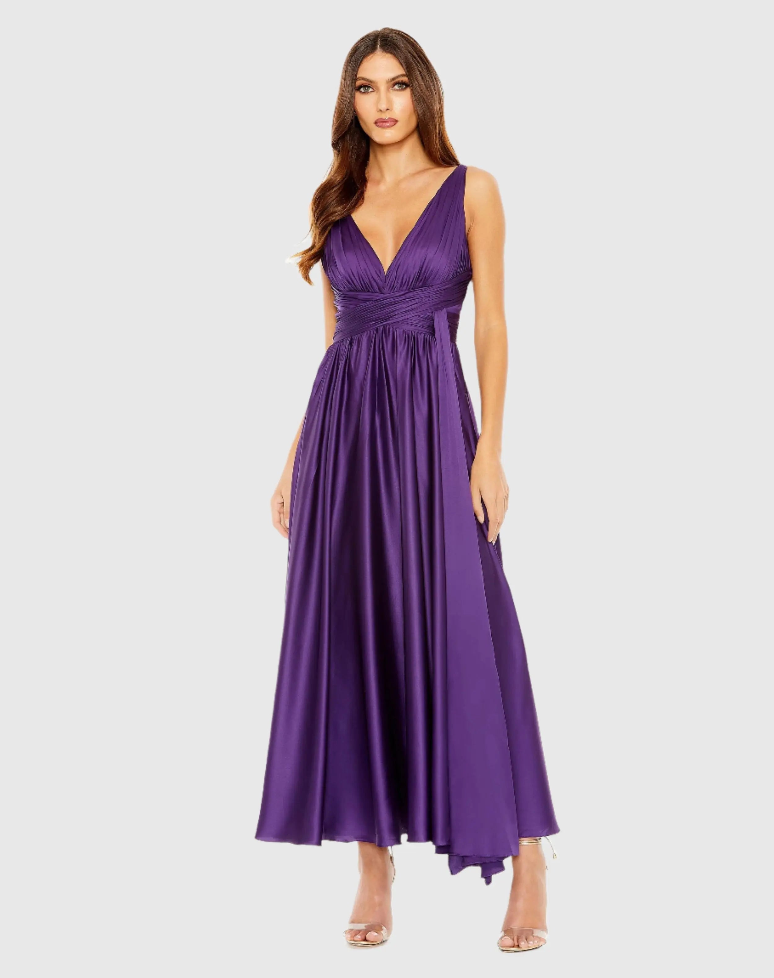 Purple Ruched Top Satin Pleated Tea Length Dress-Myartka