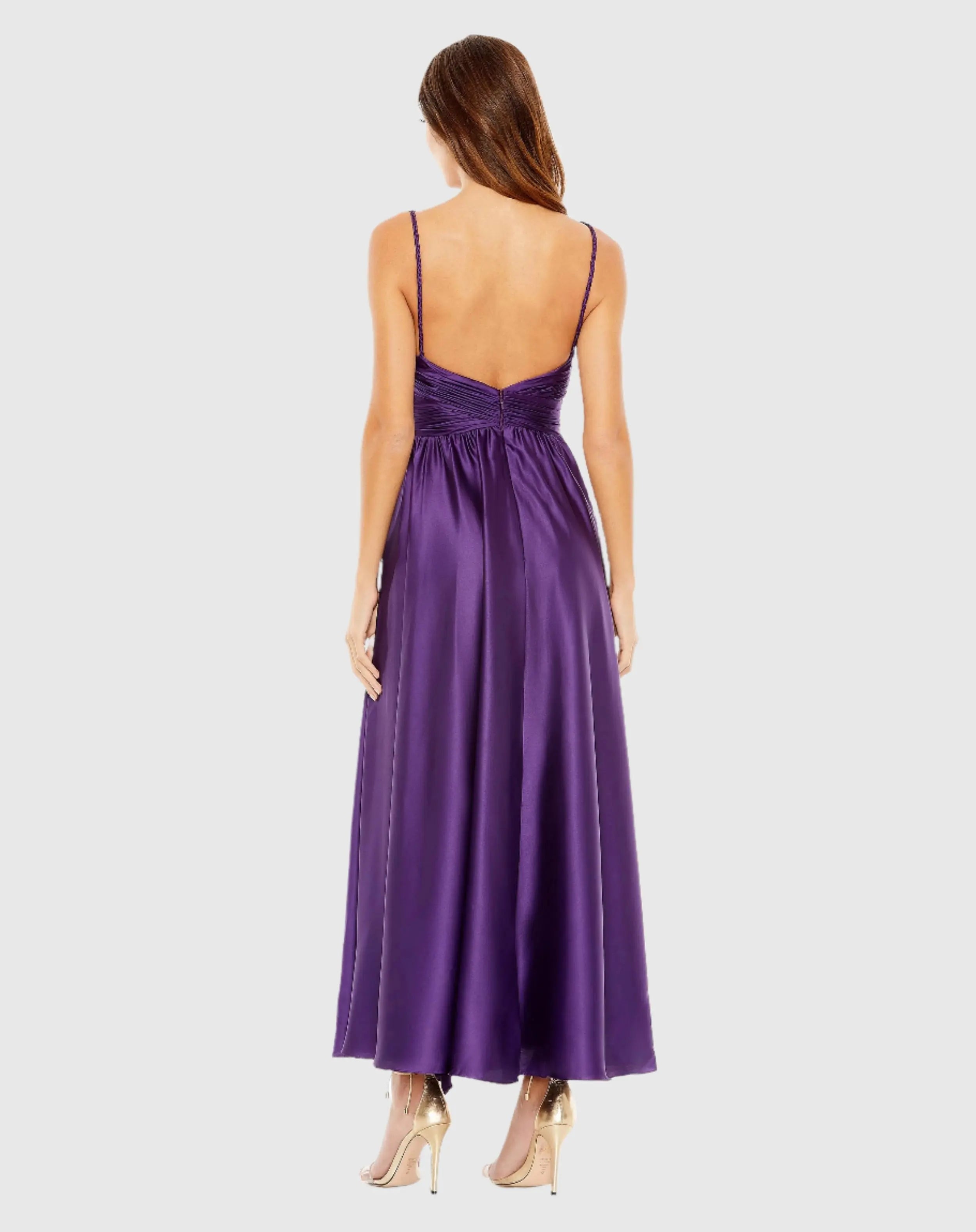 Purple Ruched Top Satin Pleated Tea Length Dress-Myartka