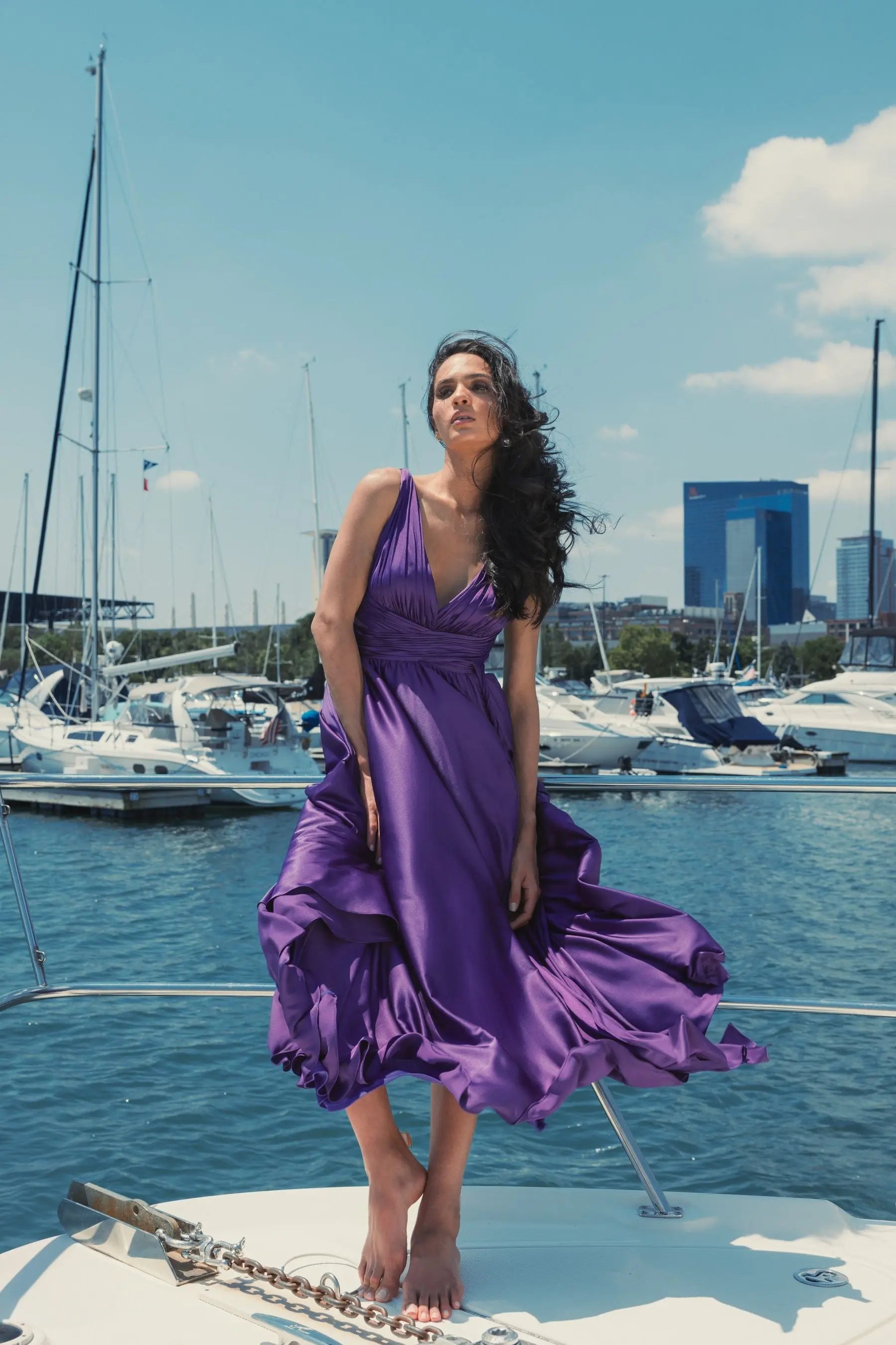 Purple Ruched Top Satin Pleated Tea Length Dress-Myartka