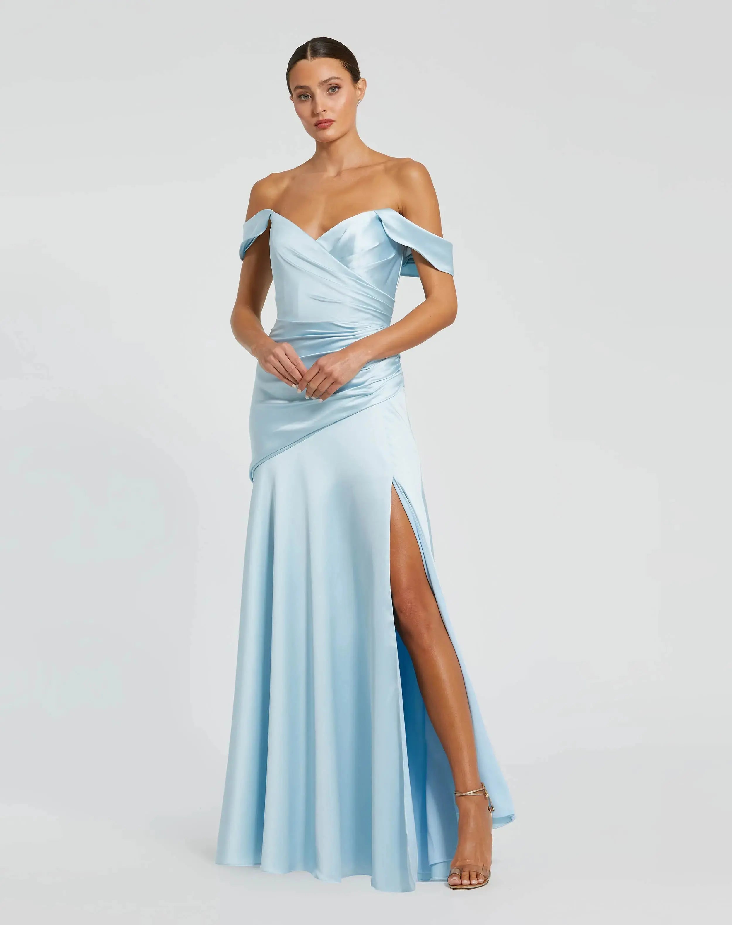 Blue Satin Off The Shoulder Crossover Gown-Myartka