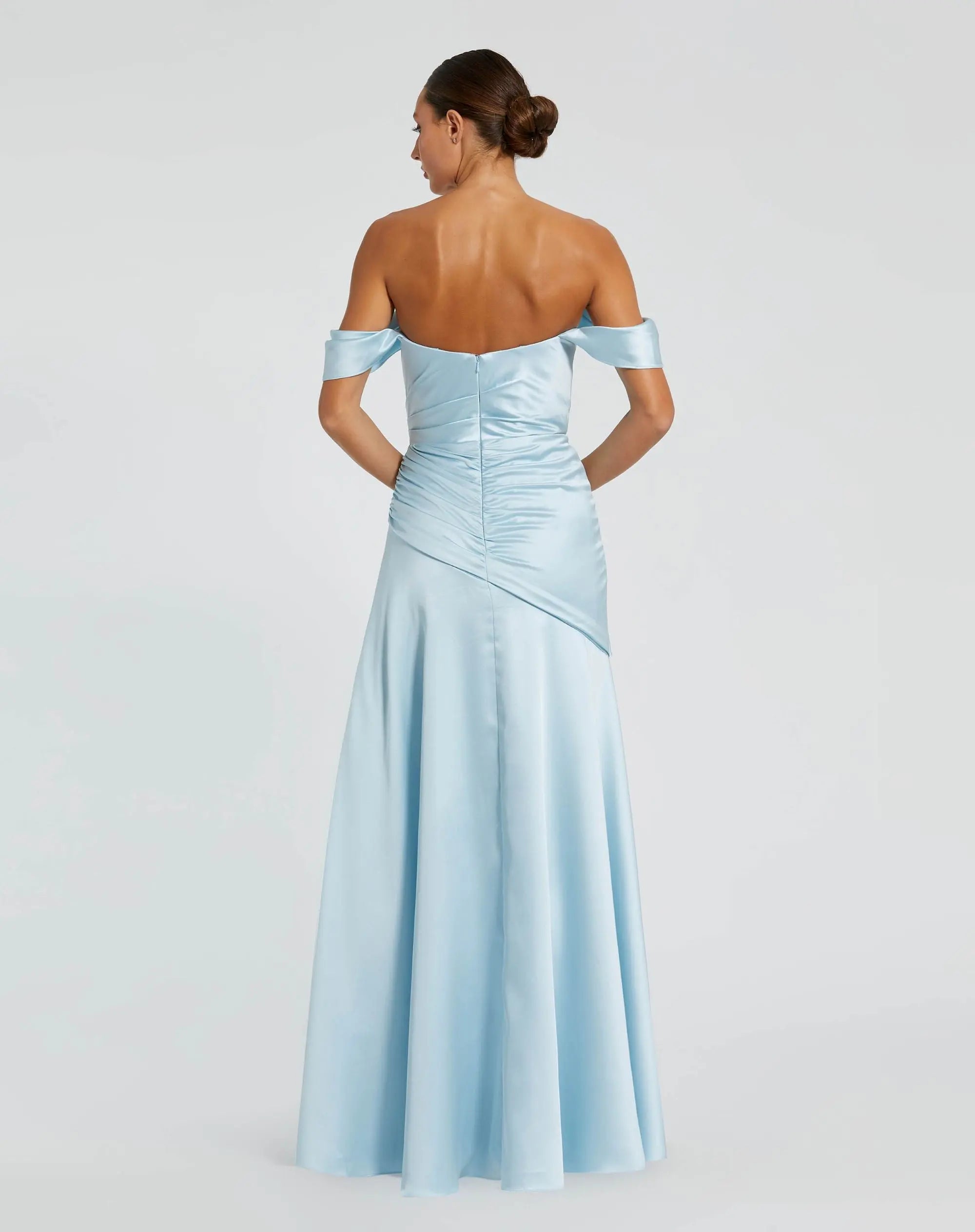 Blue Satin Off The Shoulder Crossover Gown-Myartka