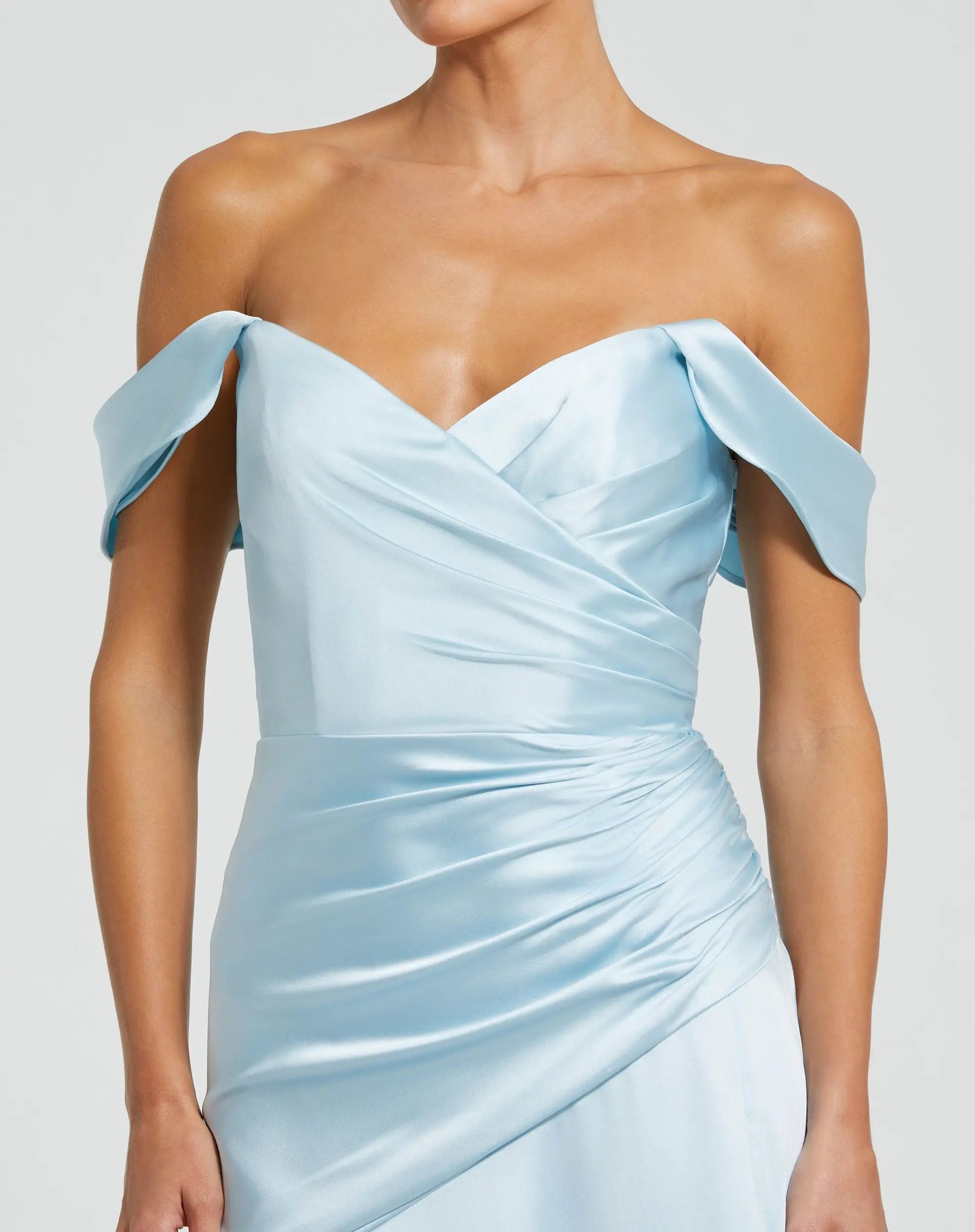 Blue Satin Off The Shoulder Crossover Gown-Myartka