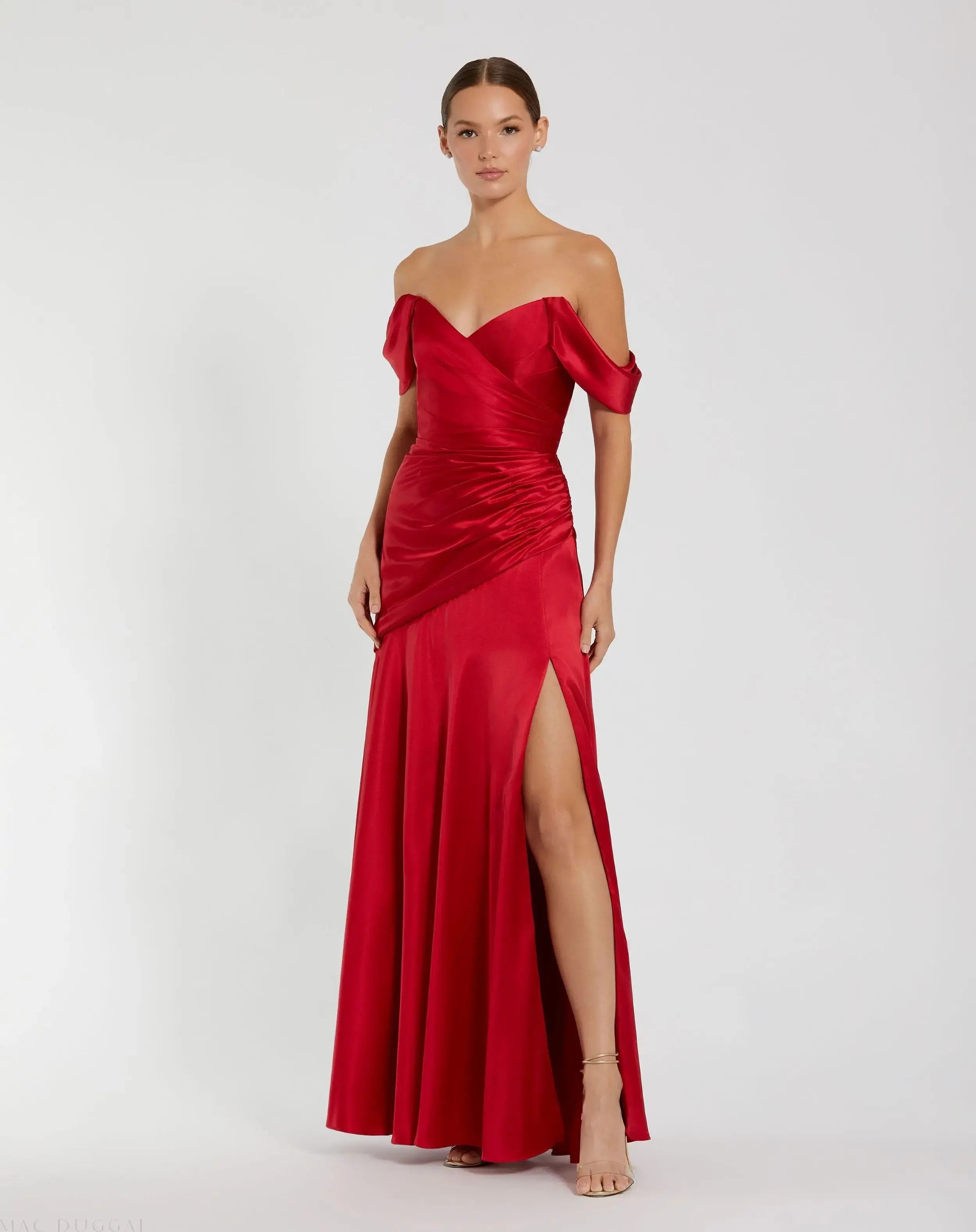 Red Satin Off The Shoulder Crossover Gown-Myartka