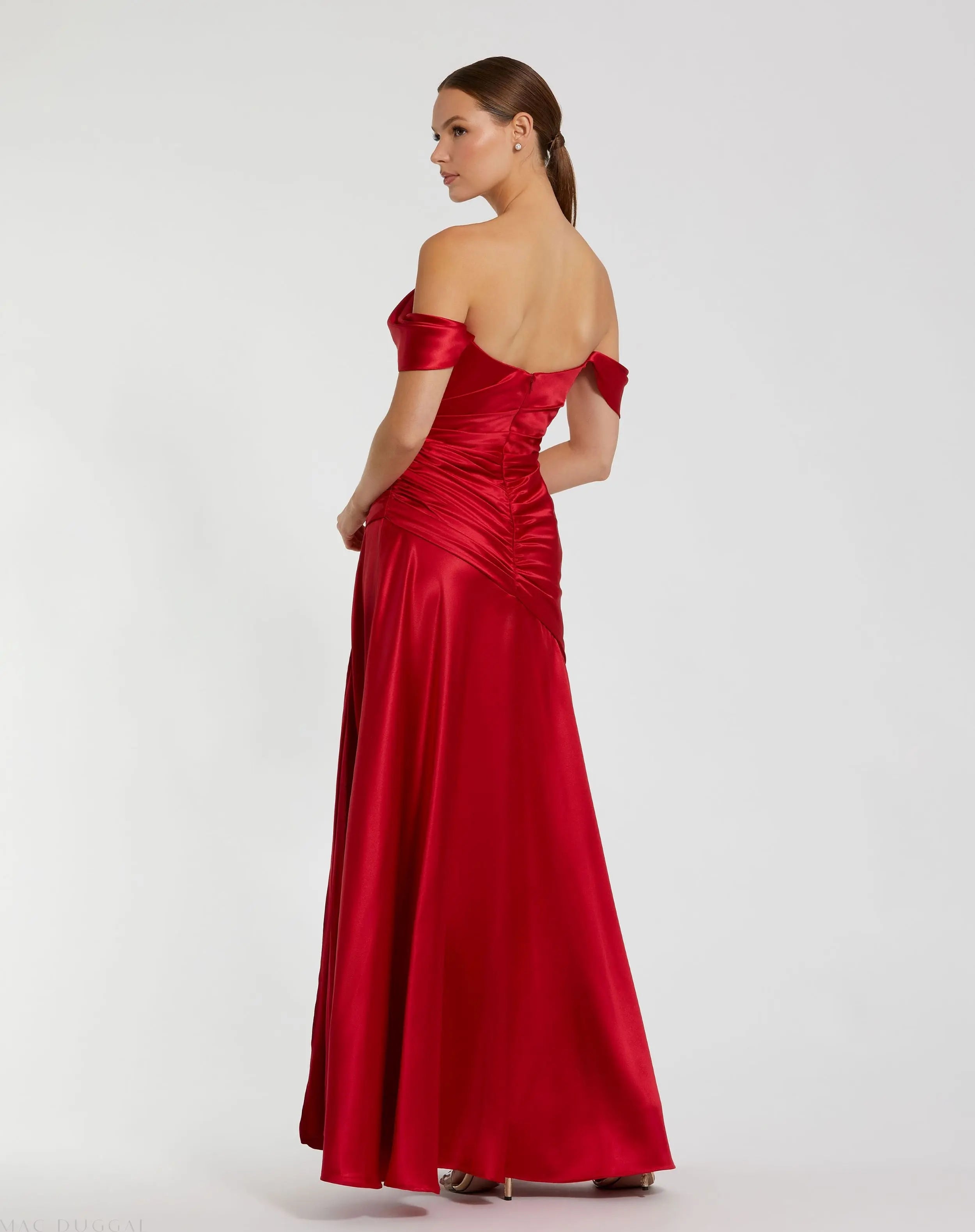 Red Satin Off The Shoulder Crossover Gown-Myartka