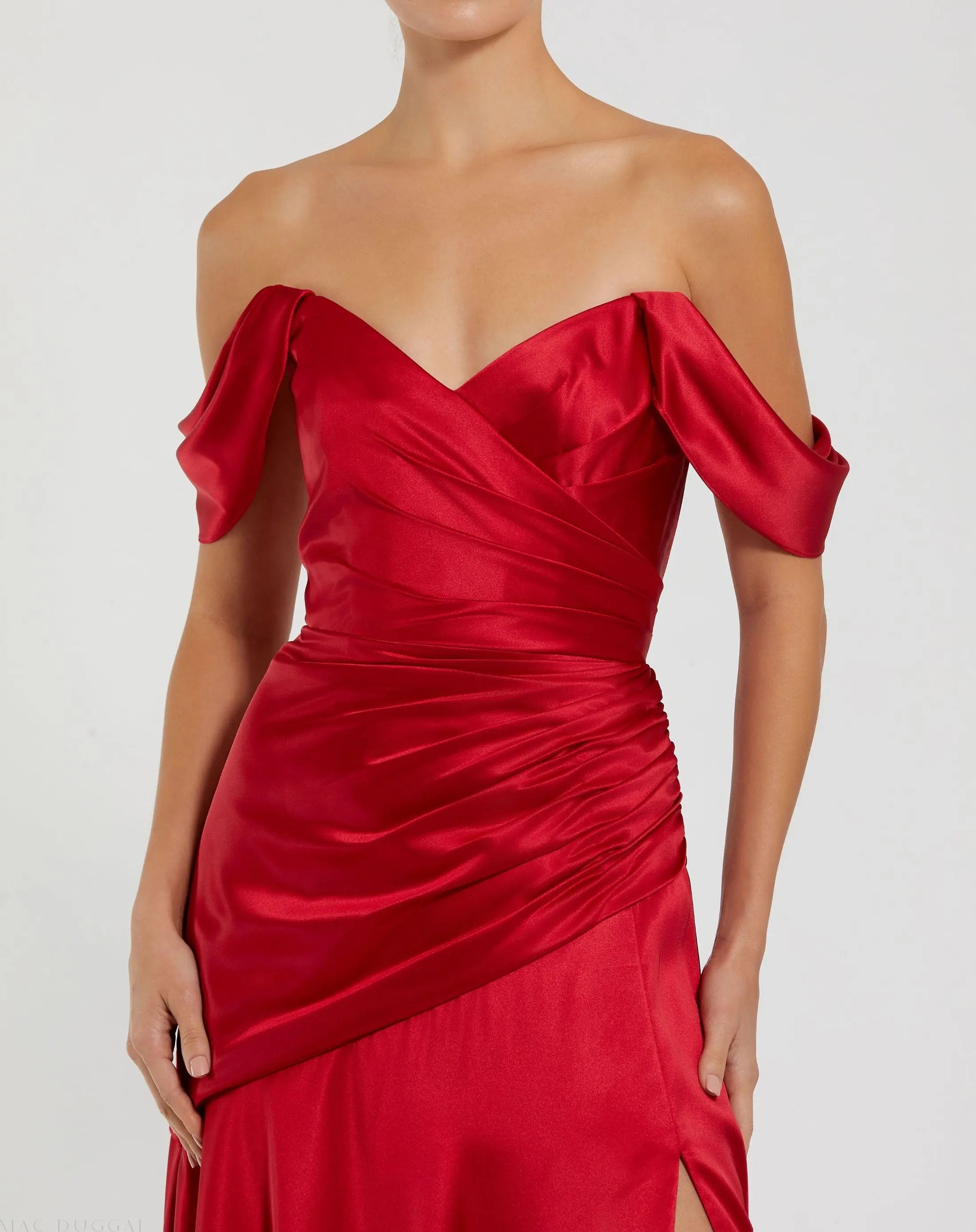 Red Satin Off The Shoulder Crossover Gown-Myartka