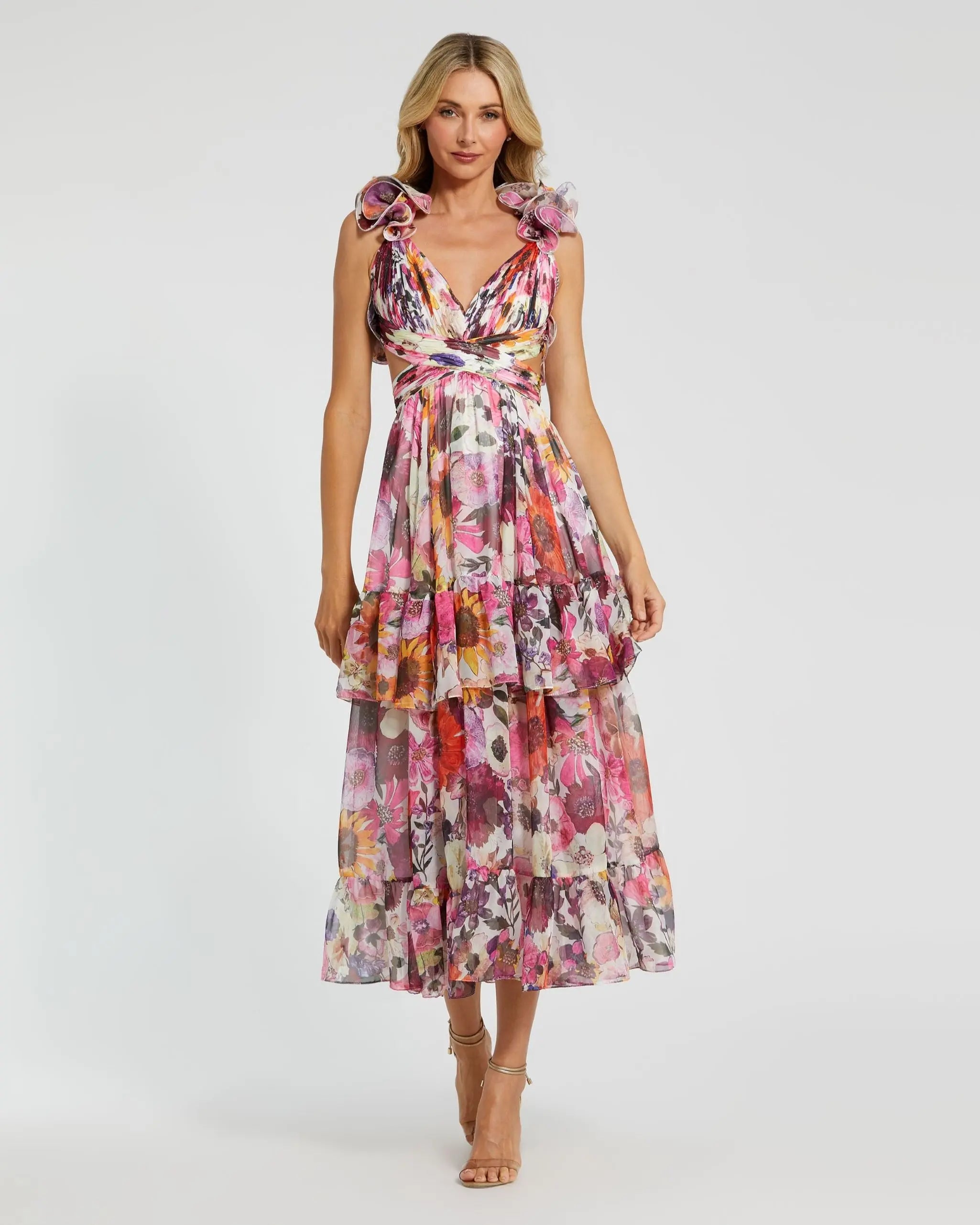 White Floral Chiffon Ruffle Tiered Cut-Out Midi Dress-Myartka