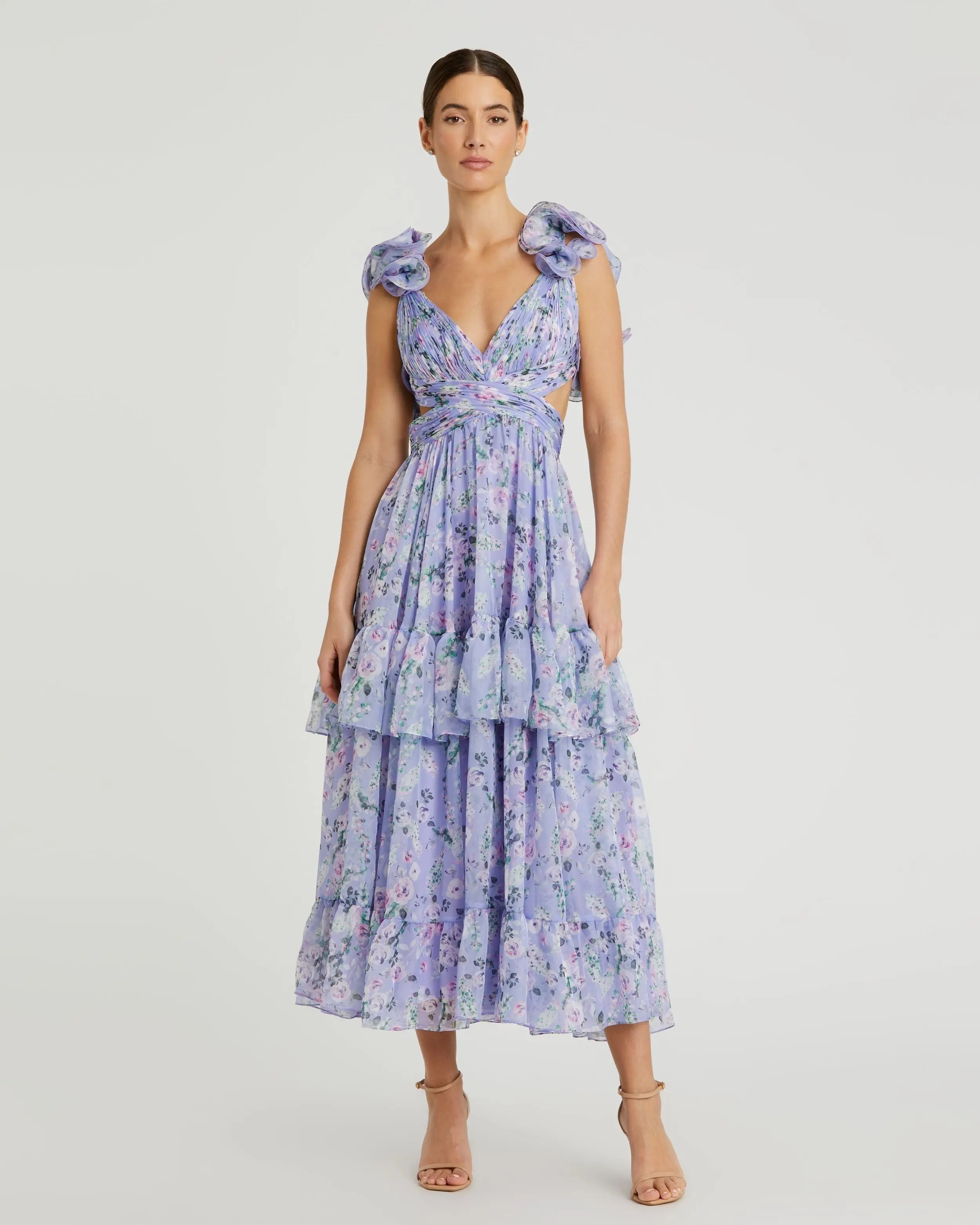Purple Ruffle Tiered Floral Chiffon Midi Dress-Myartka