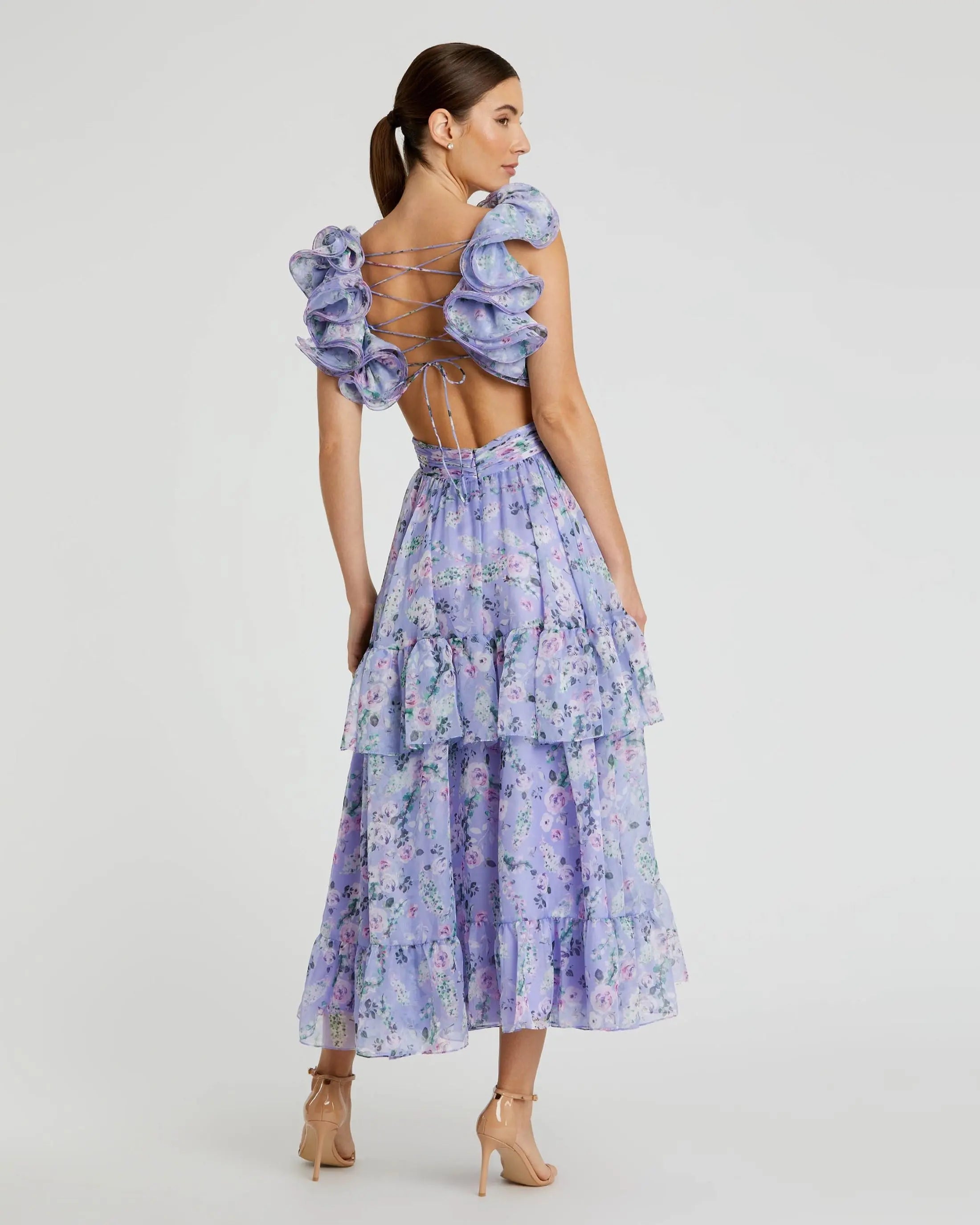 Purple Ruffle Tiered Floral Chiffon Midi Dress-Myartka