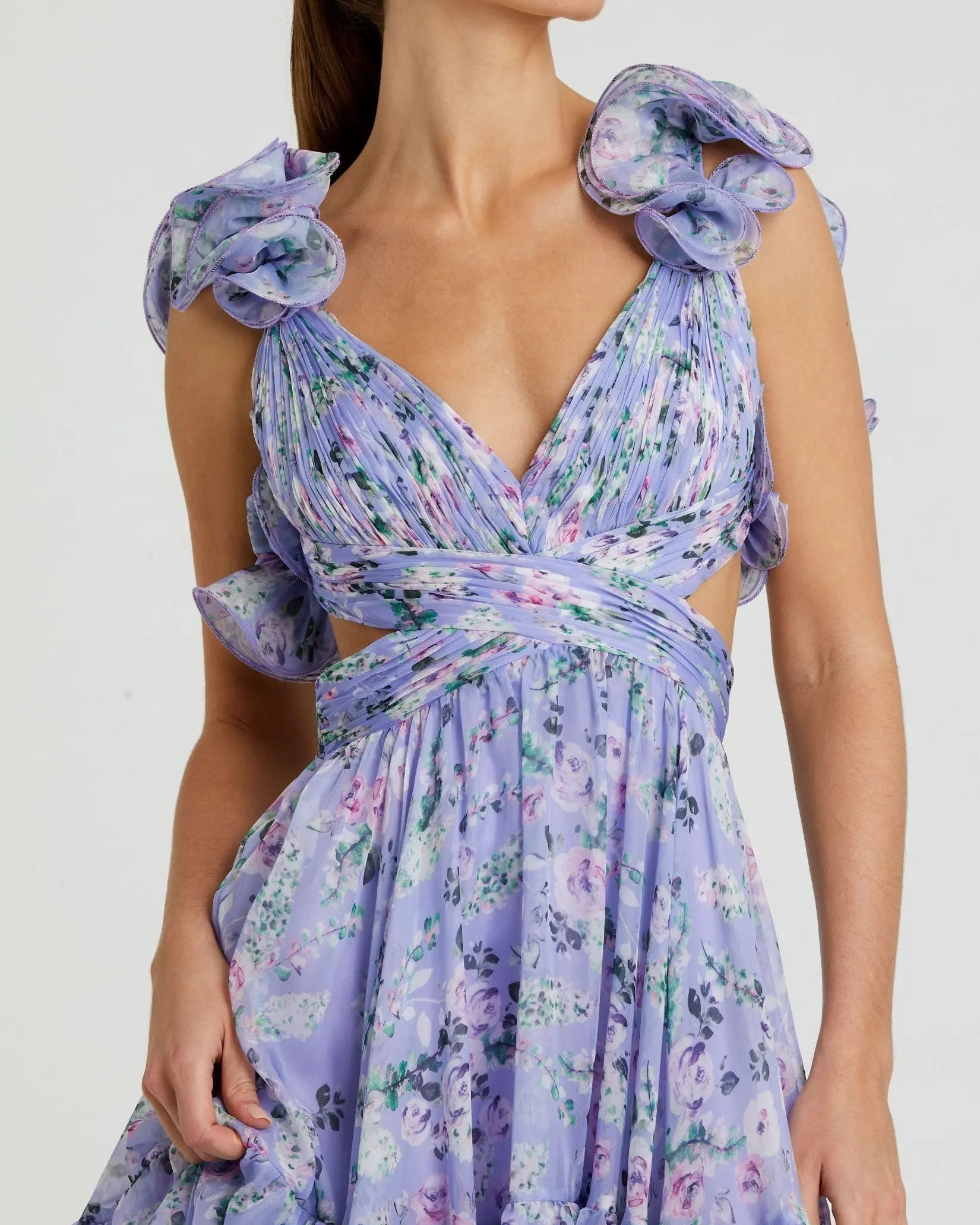 Purple Ruffle Tiered Floral Chiffon Midi Dress-Myartka