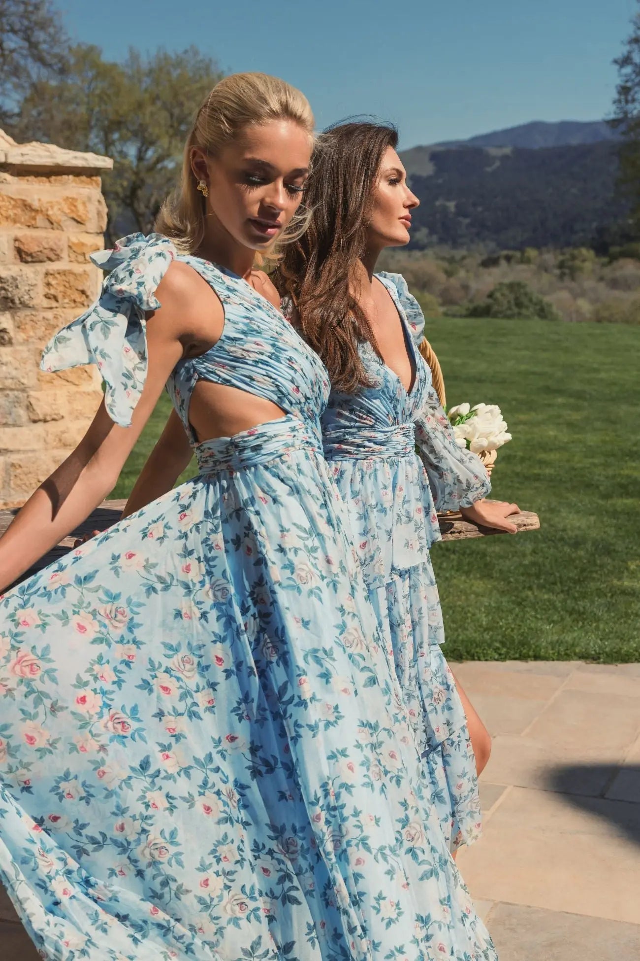 Blue Floral Chiffon One Shoulder Gown-Myartka