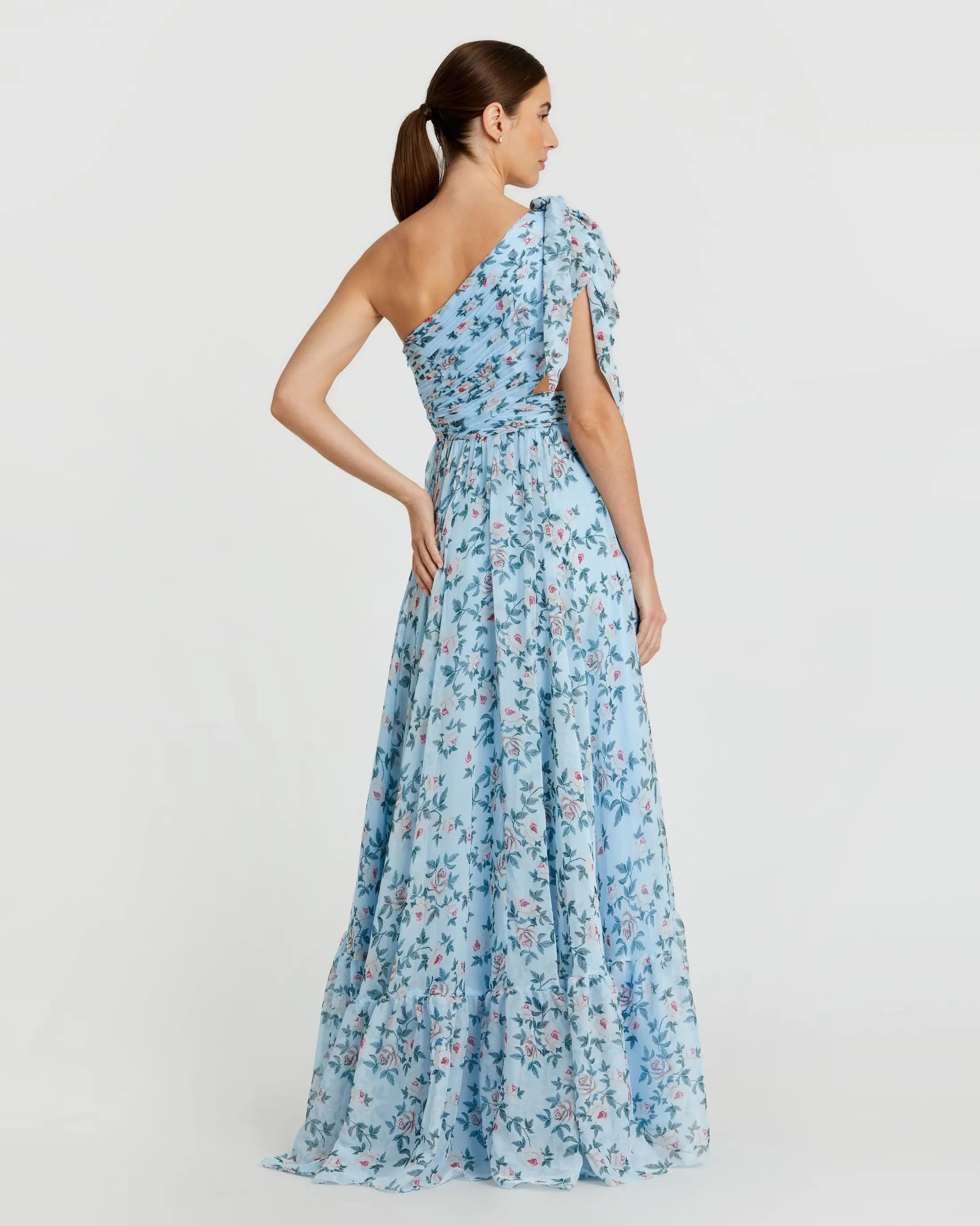 Blue Floral Chiffon One Shoulder Gown-Myartka