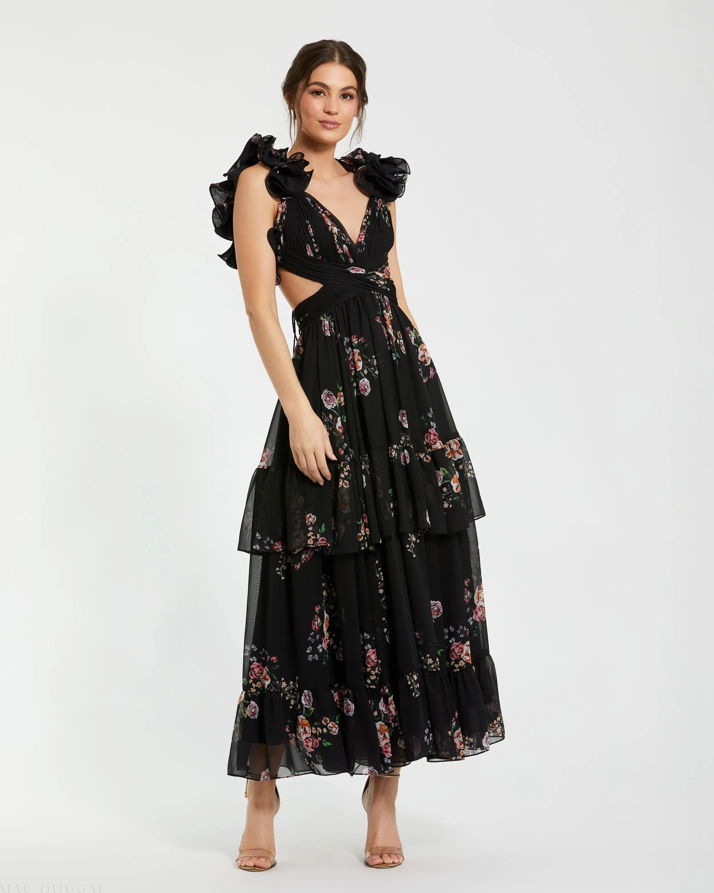 Black Ruffle Tiered Cut-Out Floral Print Chiffon Dress-Myartka
