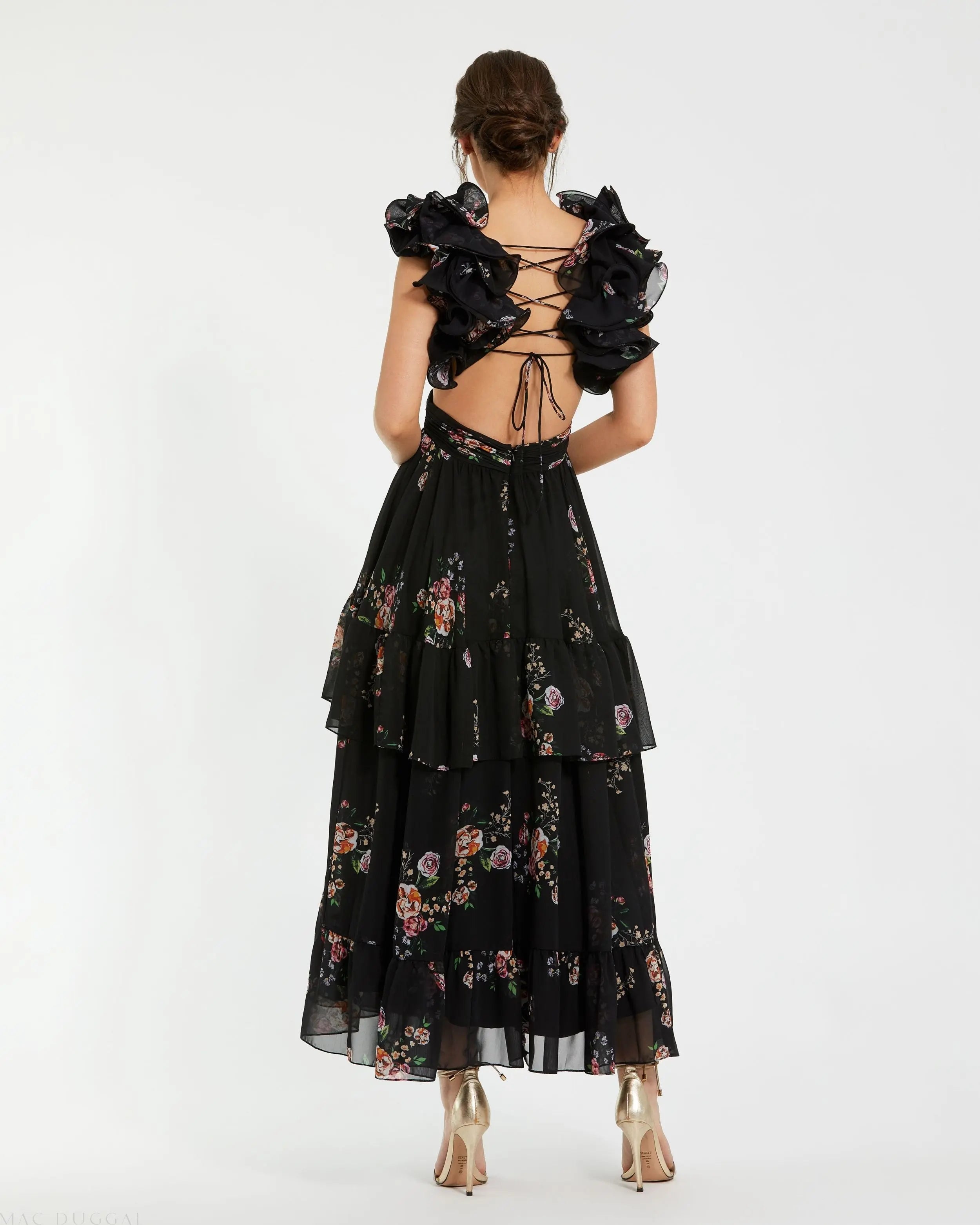 Black Ruffle Tiered Cut-Out Floral Print Chiffon Dress-Myartka