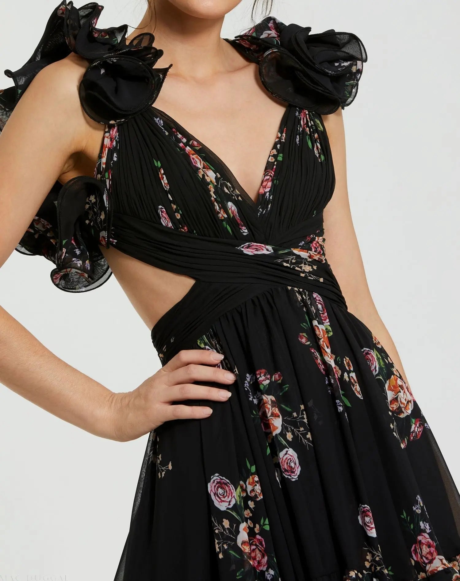 Black Ruffle Tiered Cut-Out Floral Print Chiffon Dress-Myartka