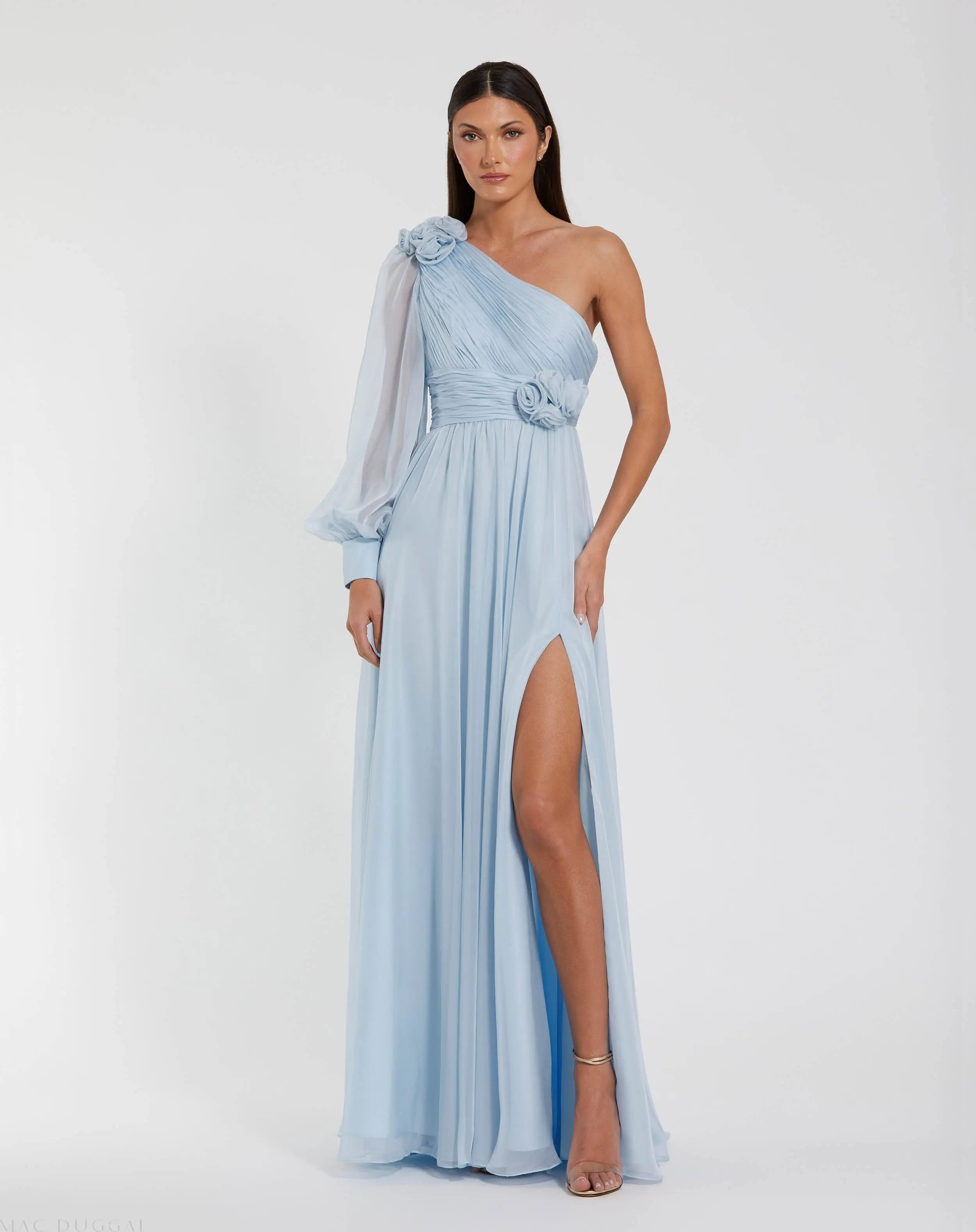Blue One Sleeve A-Line Chiffon Gown With 3D Flowers-Myartka