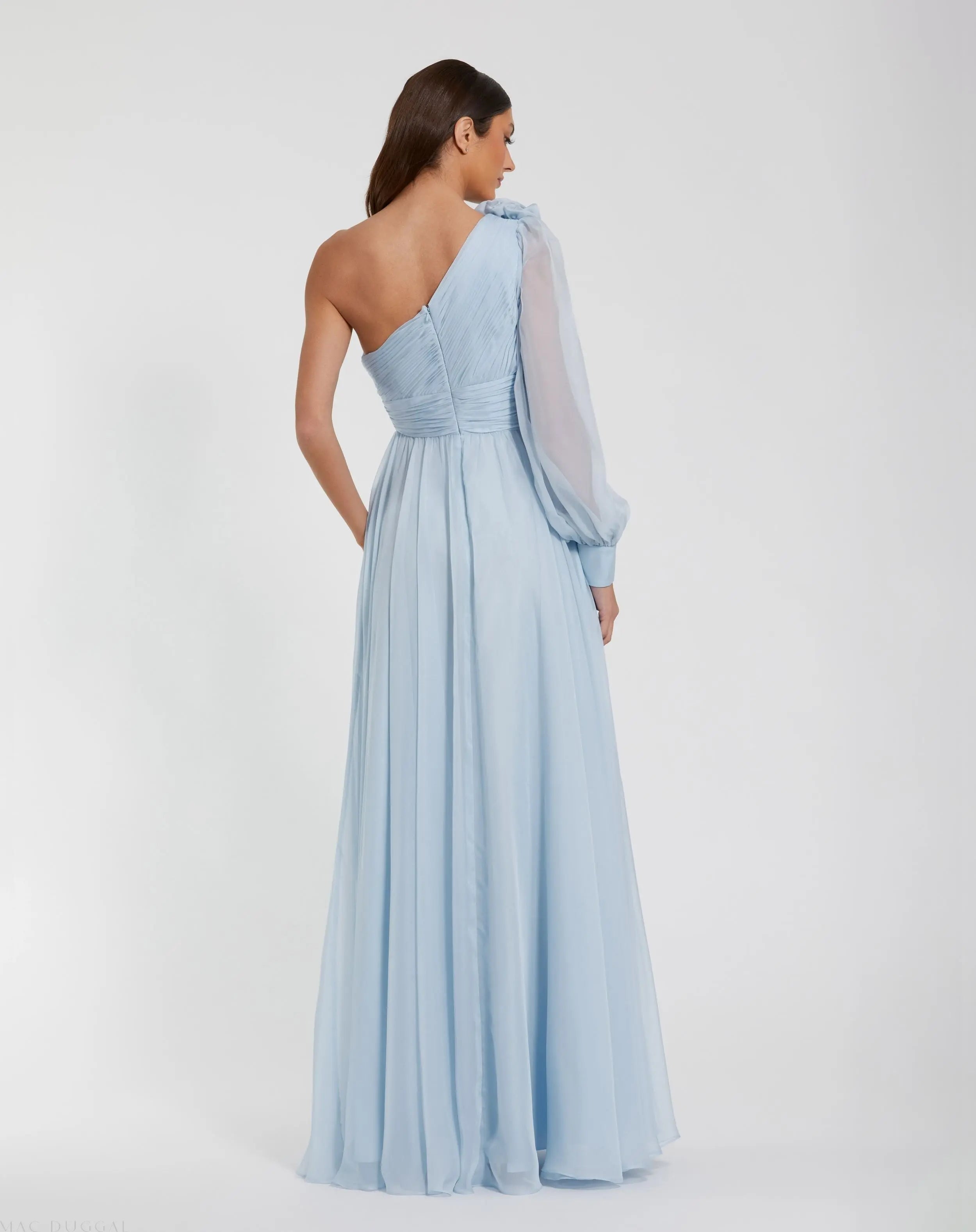 Blue One Sleeve A-Line Chiffon Gown With 3D Flowers-Myartka