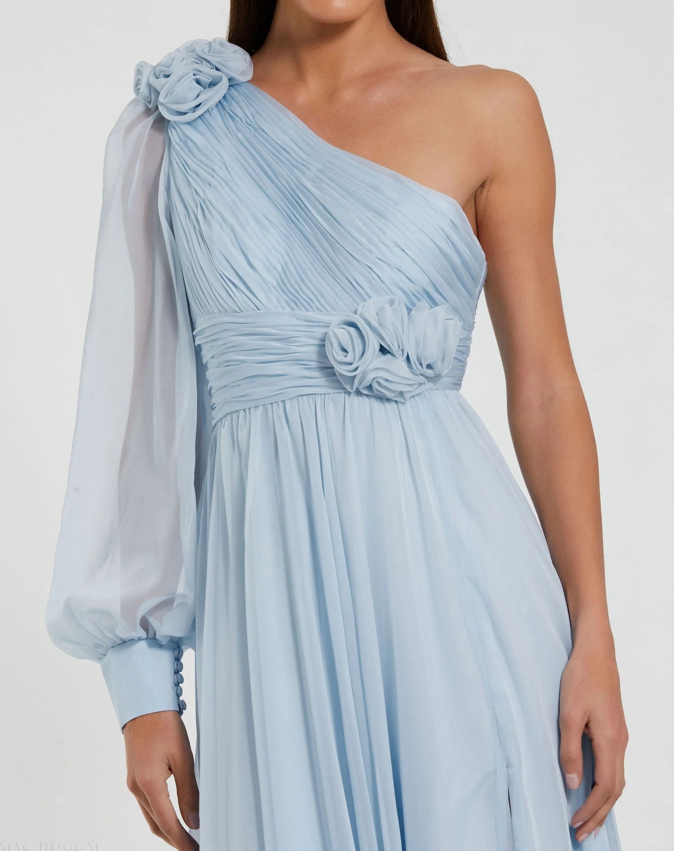 Blue One Sleeve A-Line Chiffon Gown With 3D Flowers-Myartka
