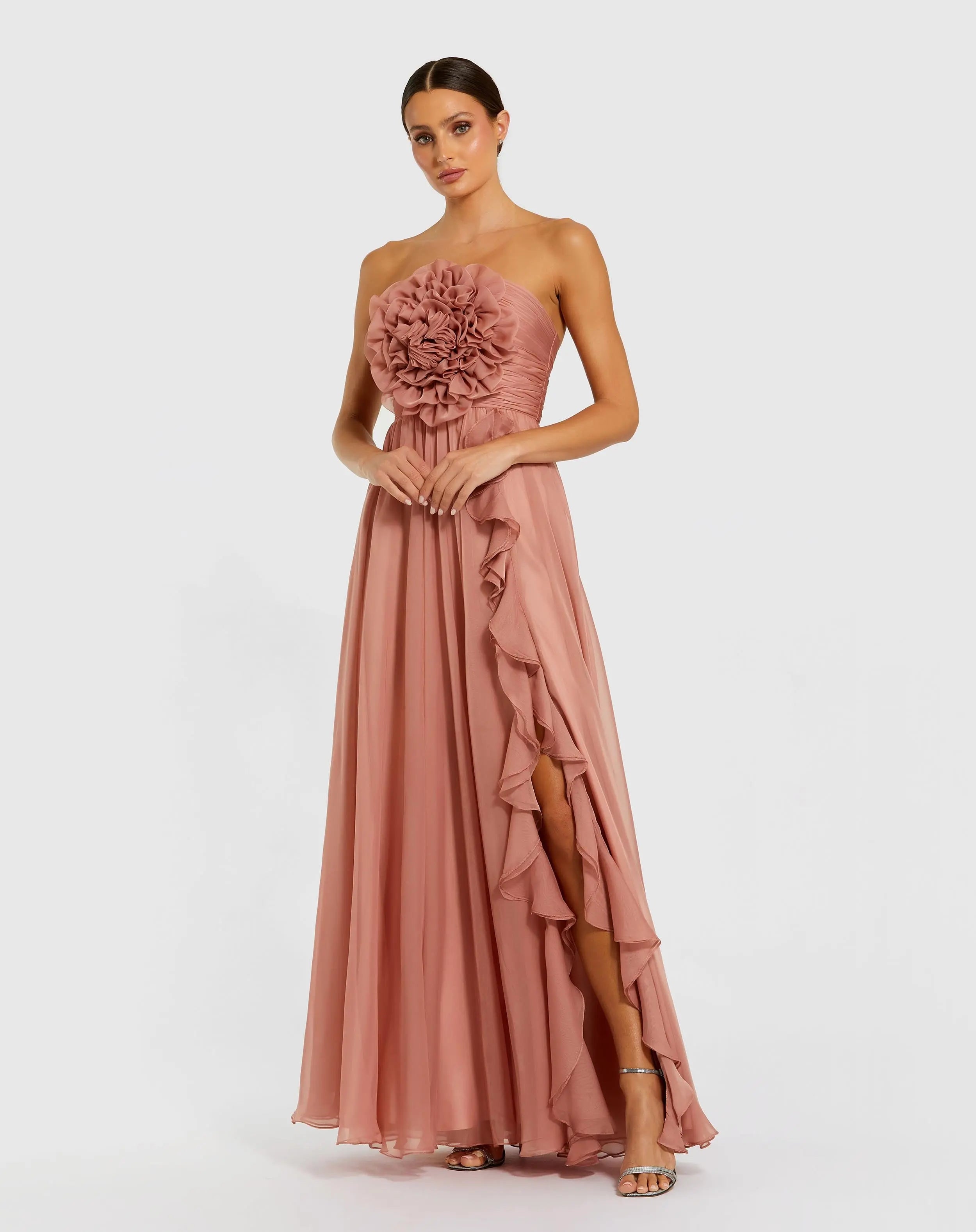 Pink Strapless Chiffon Gown With Oversized 3D Flower-Myartka
