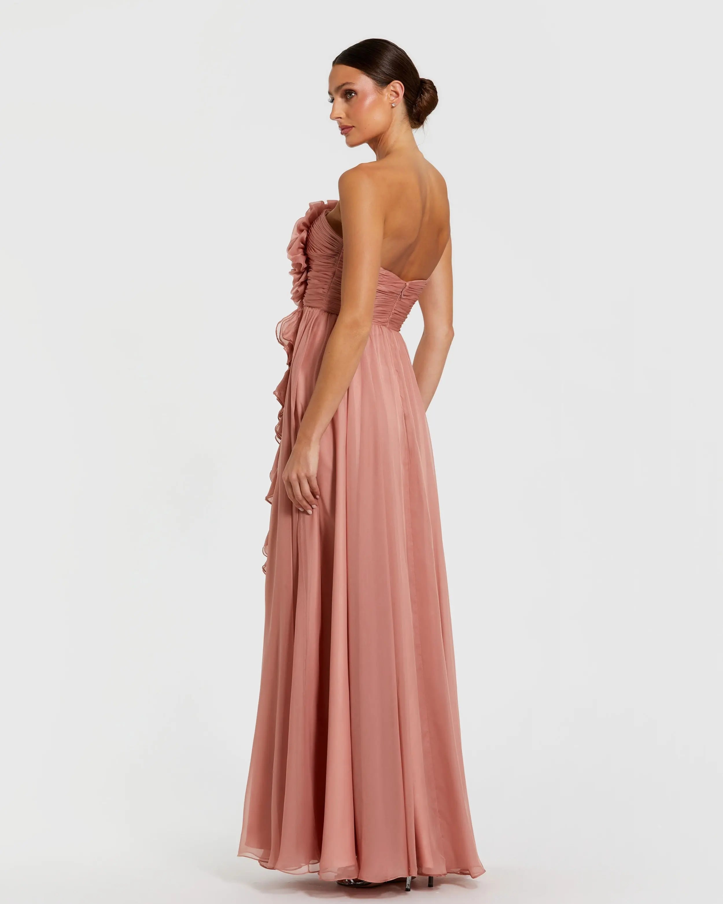 Pink Strapless Chiffon Gown With Oversized 3D Flower-Myartka