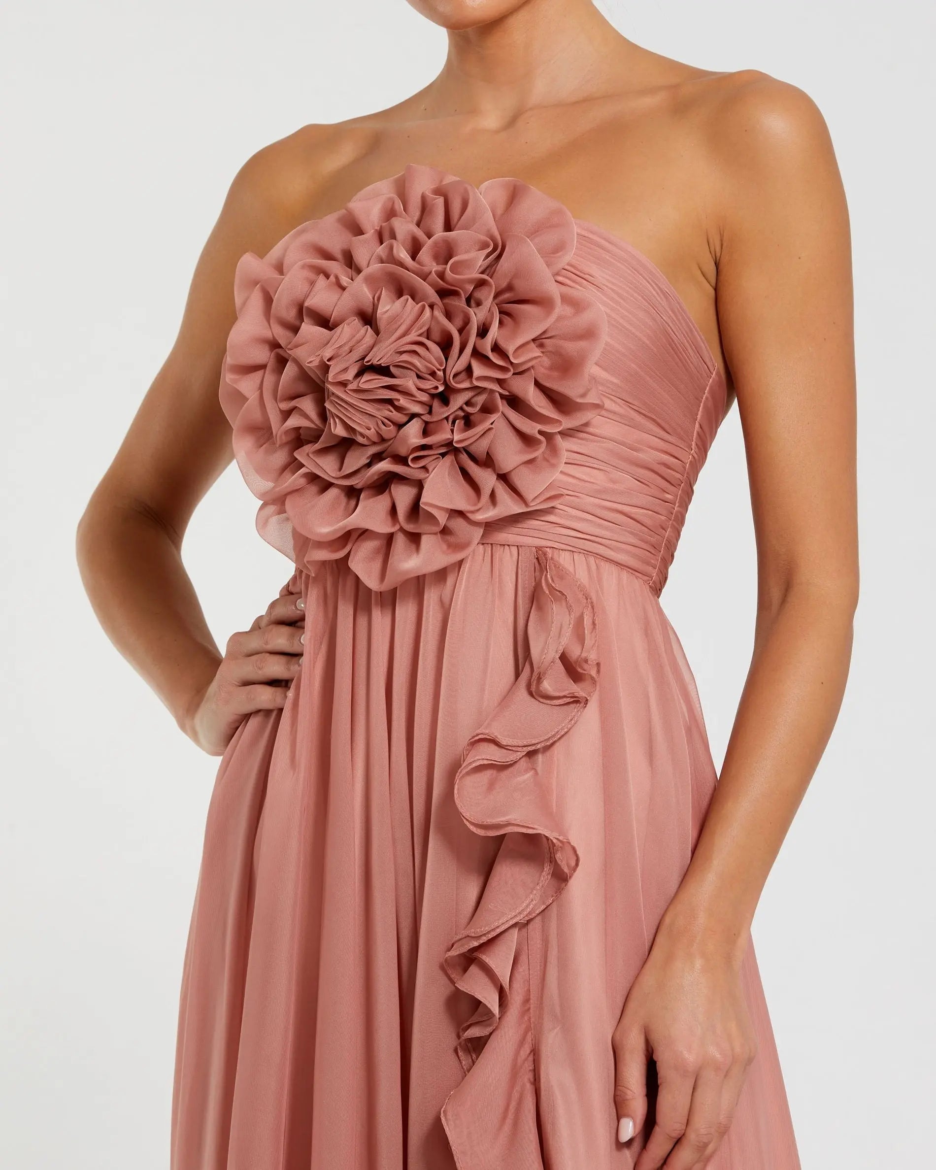 Pink Strapless Chiffon Gown With Oversized 3D Flower-Myartka
