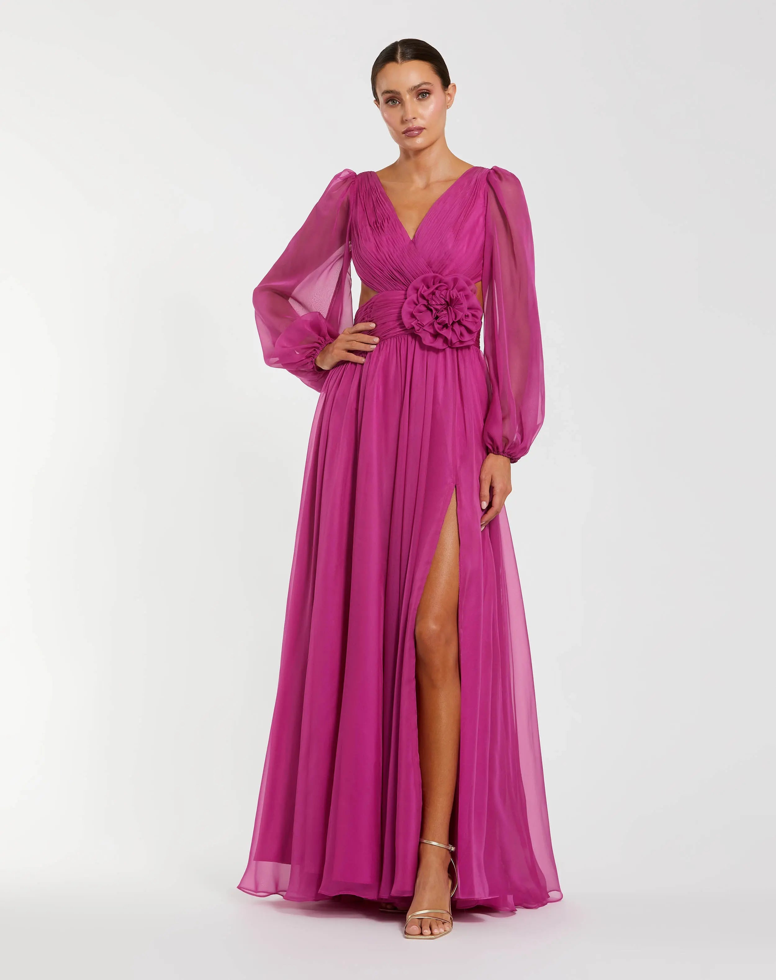 Pink Long Sleeve V-Neck Chiffon Gown With 3D Flower-Myartka