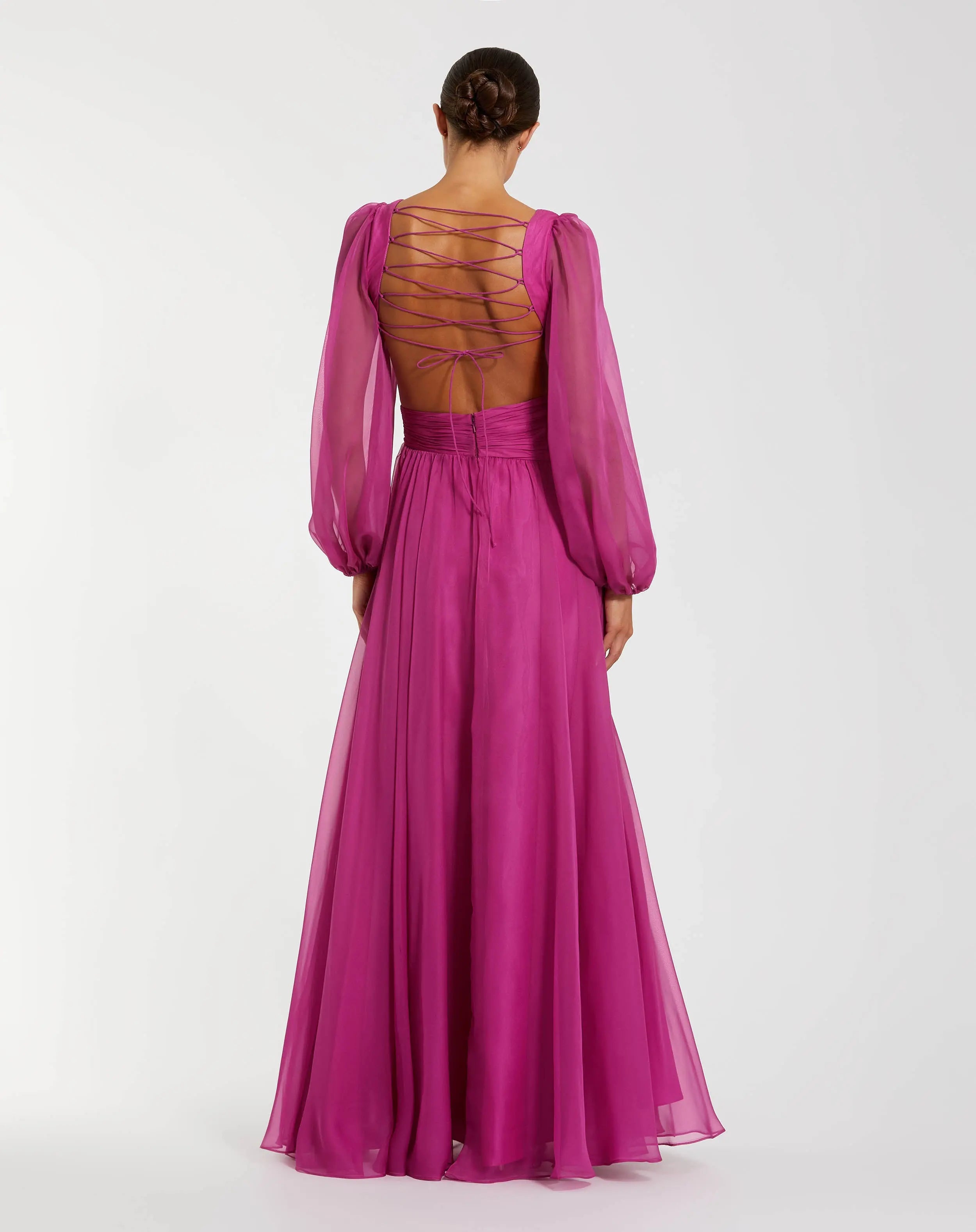 Pink Long Sleeve V-Neck Chiffon Gown With 3D Flower-Myartka