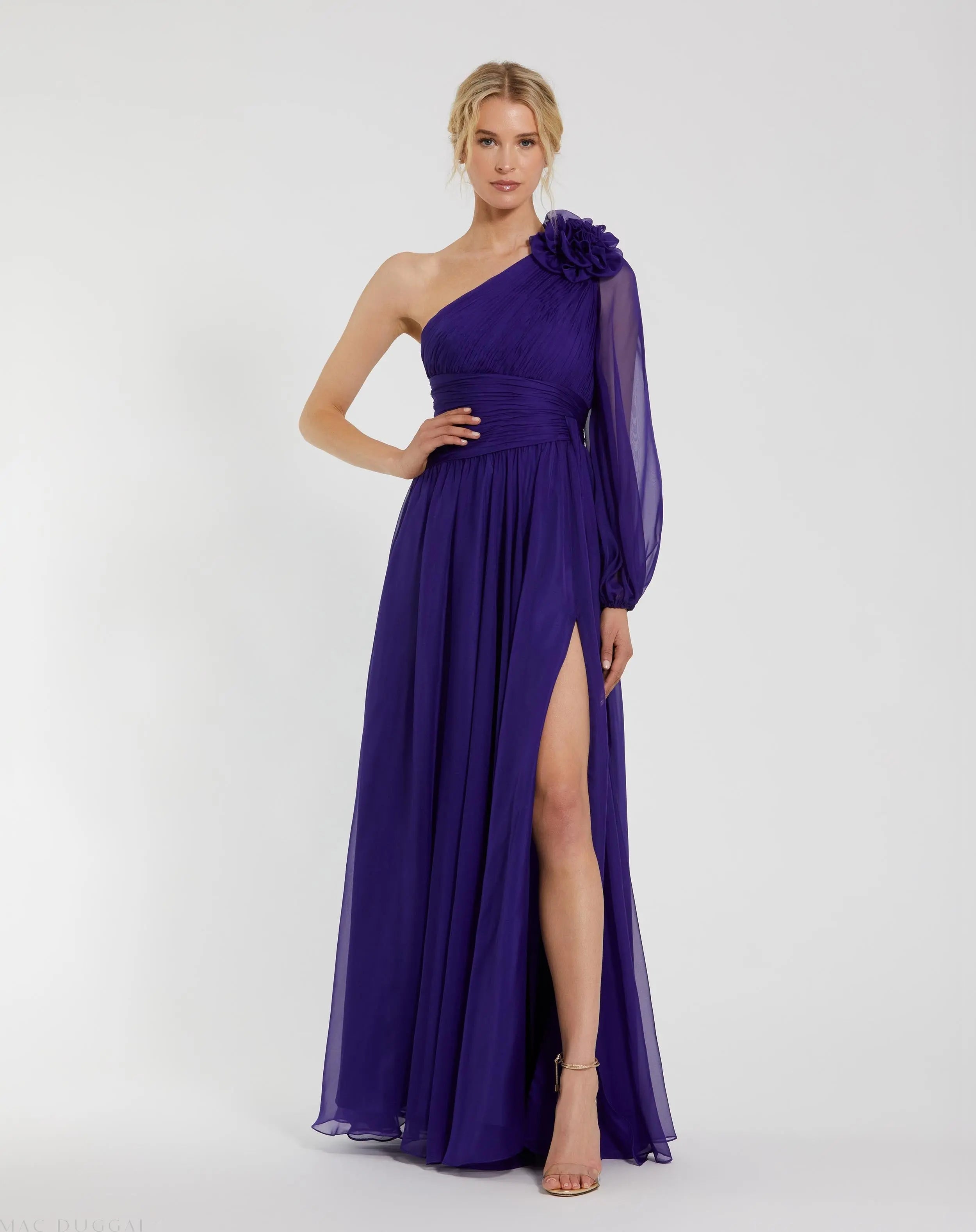 Purple One Sleeve Ruched Chiffon Gown With 3D Flower-Myartka