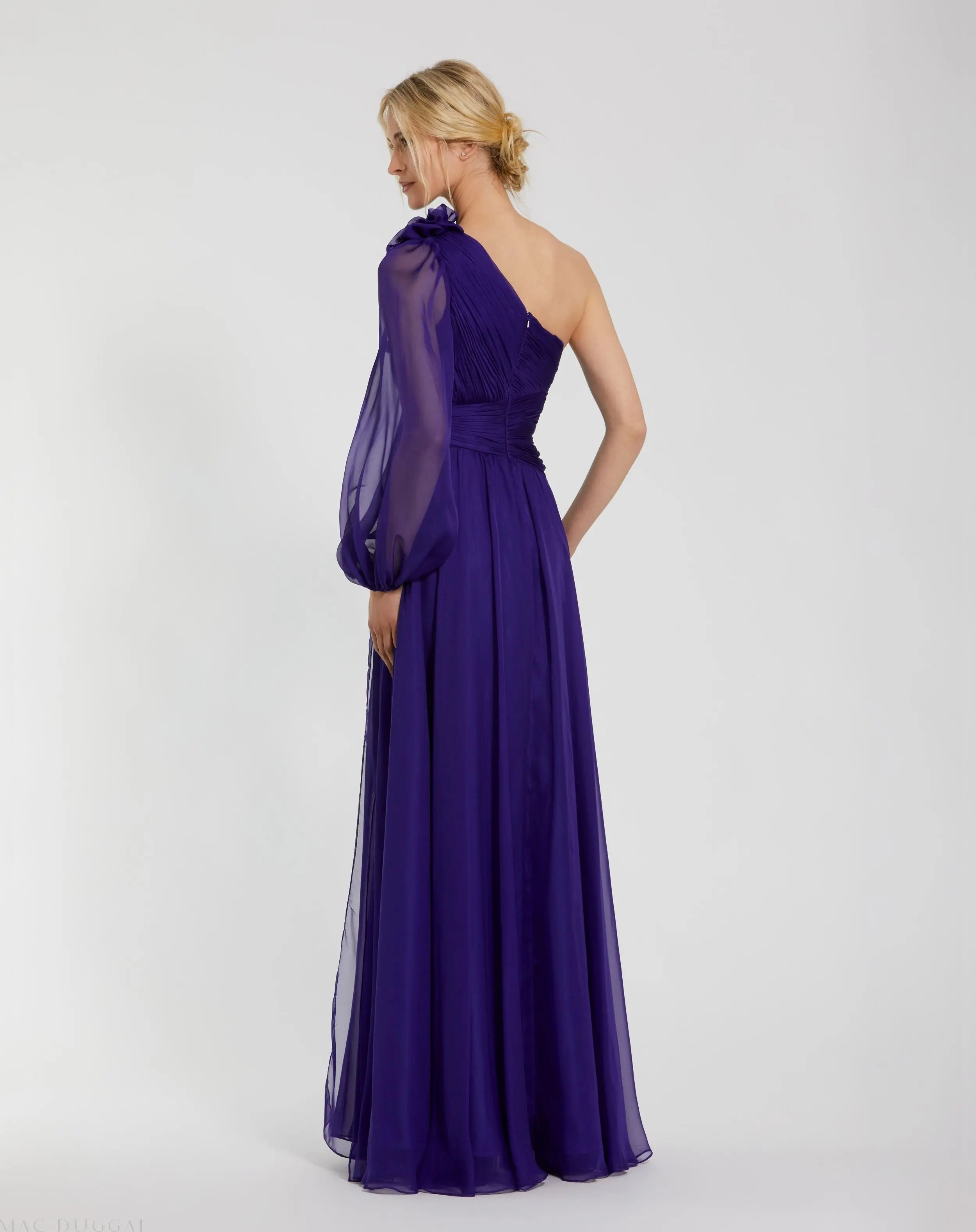 Purple One Sleeve Ruched Chiffon Gown With 3D Flower-Myartka