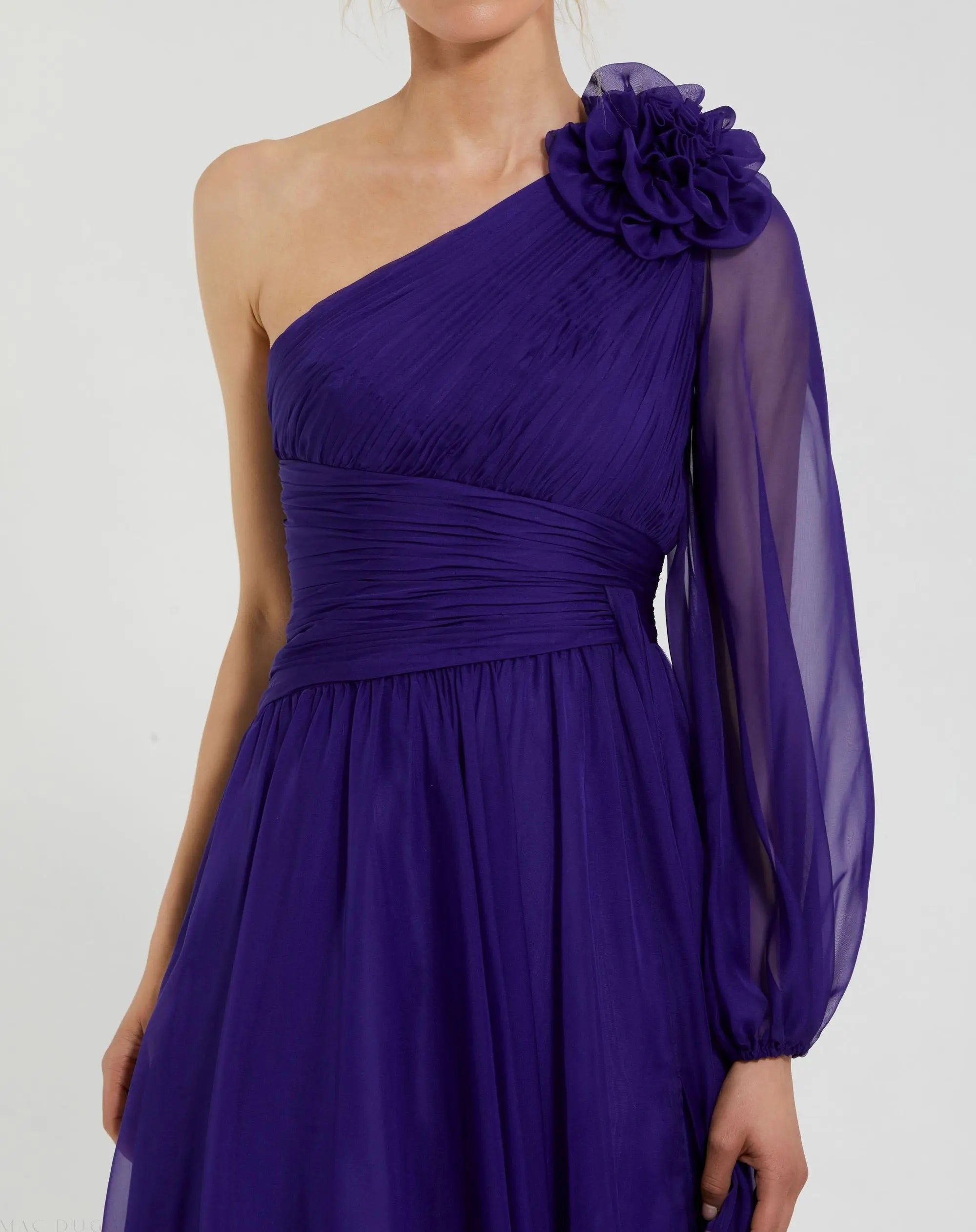 Purple One Sleeve Ruched Chiffon Gown With 3D Flower-Myartka