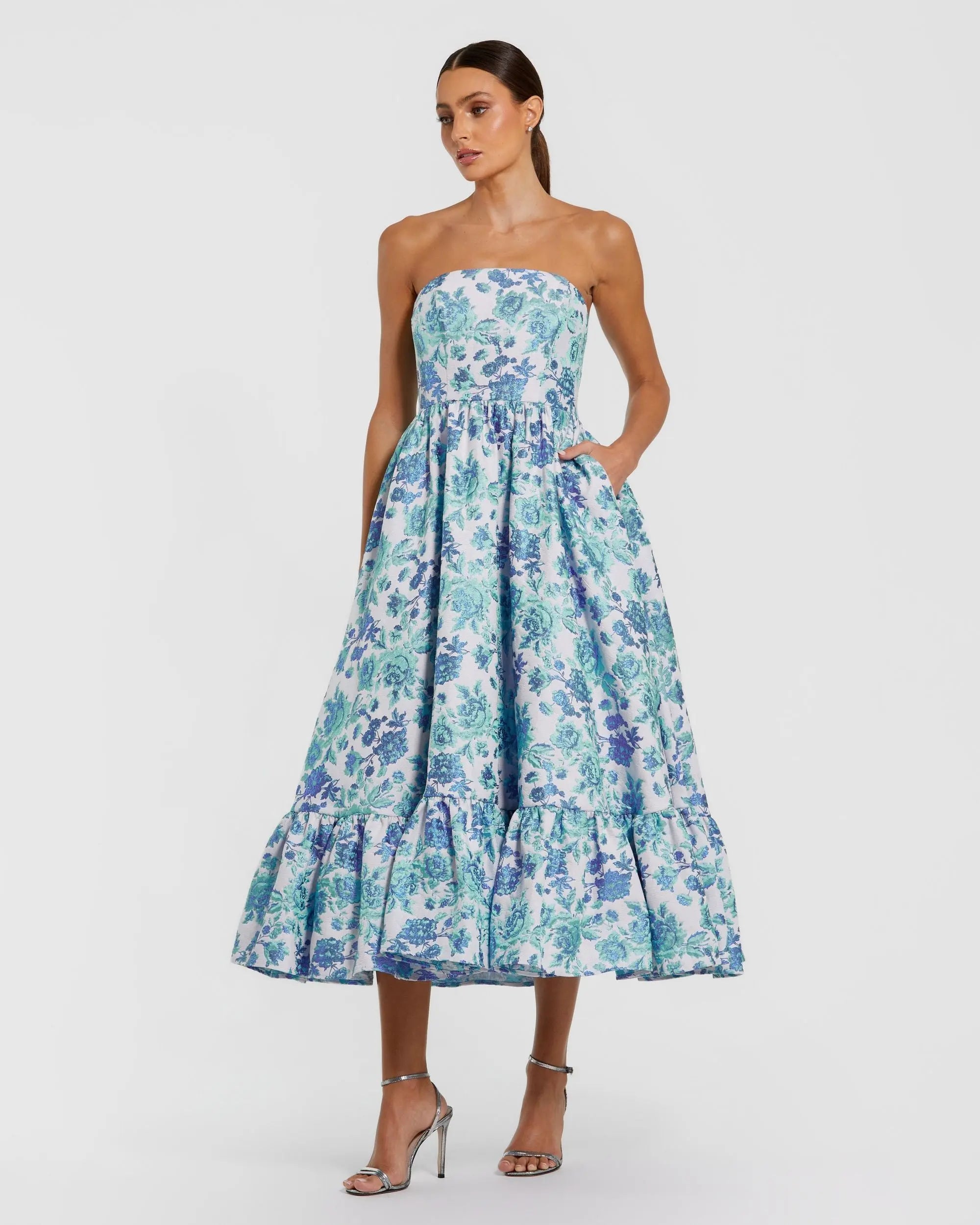 Blue Floral Brocade Strapless A Line Midi Dress-Myartka