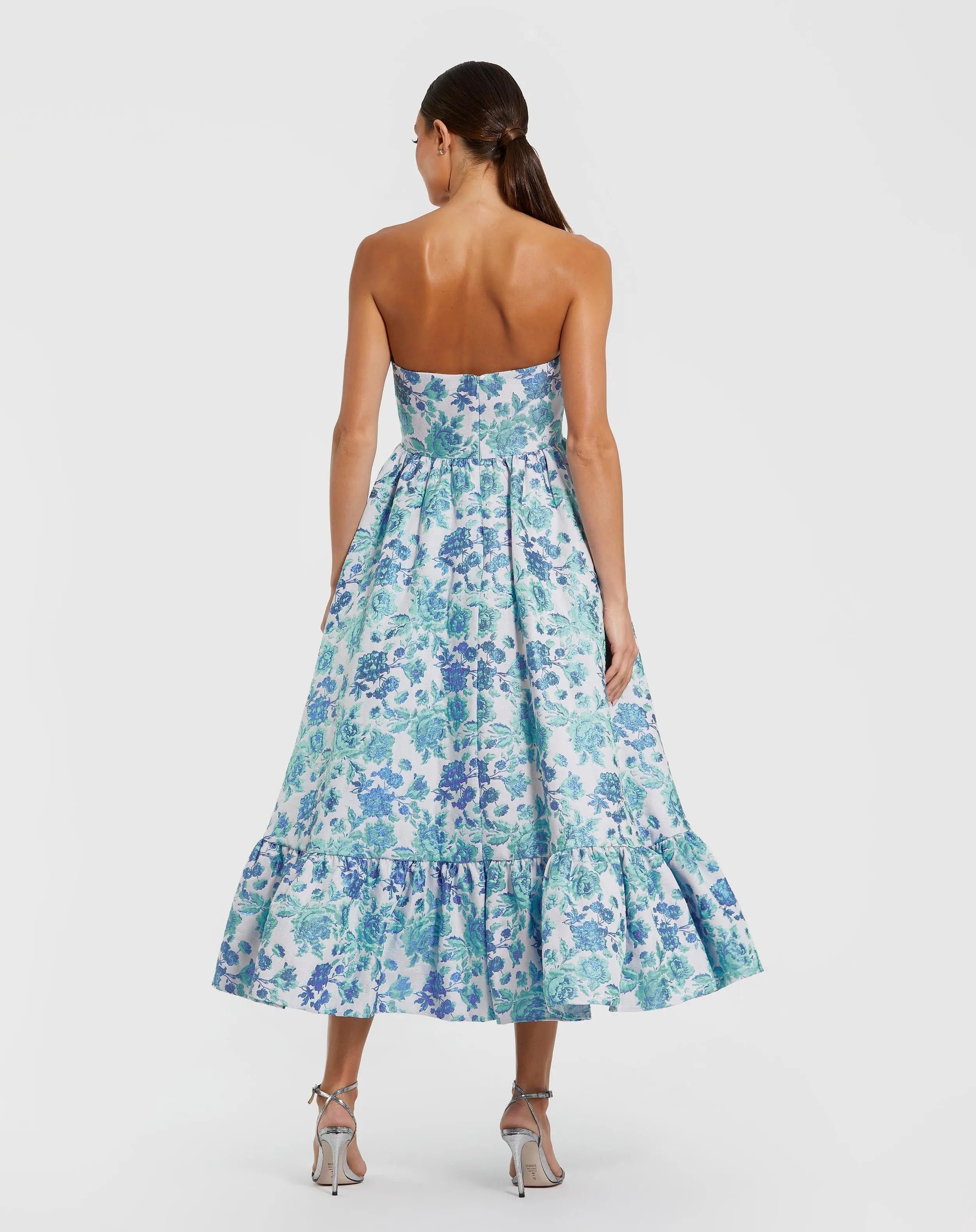 Blue Floral Brocade Strapless A Line Midi Dress-Myartka