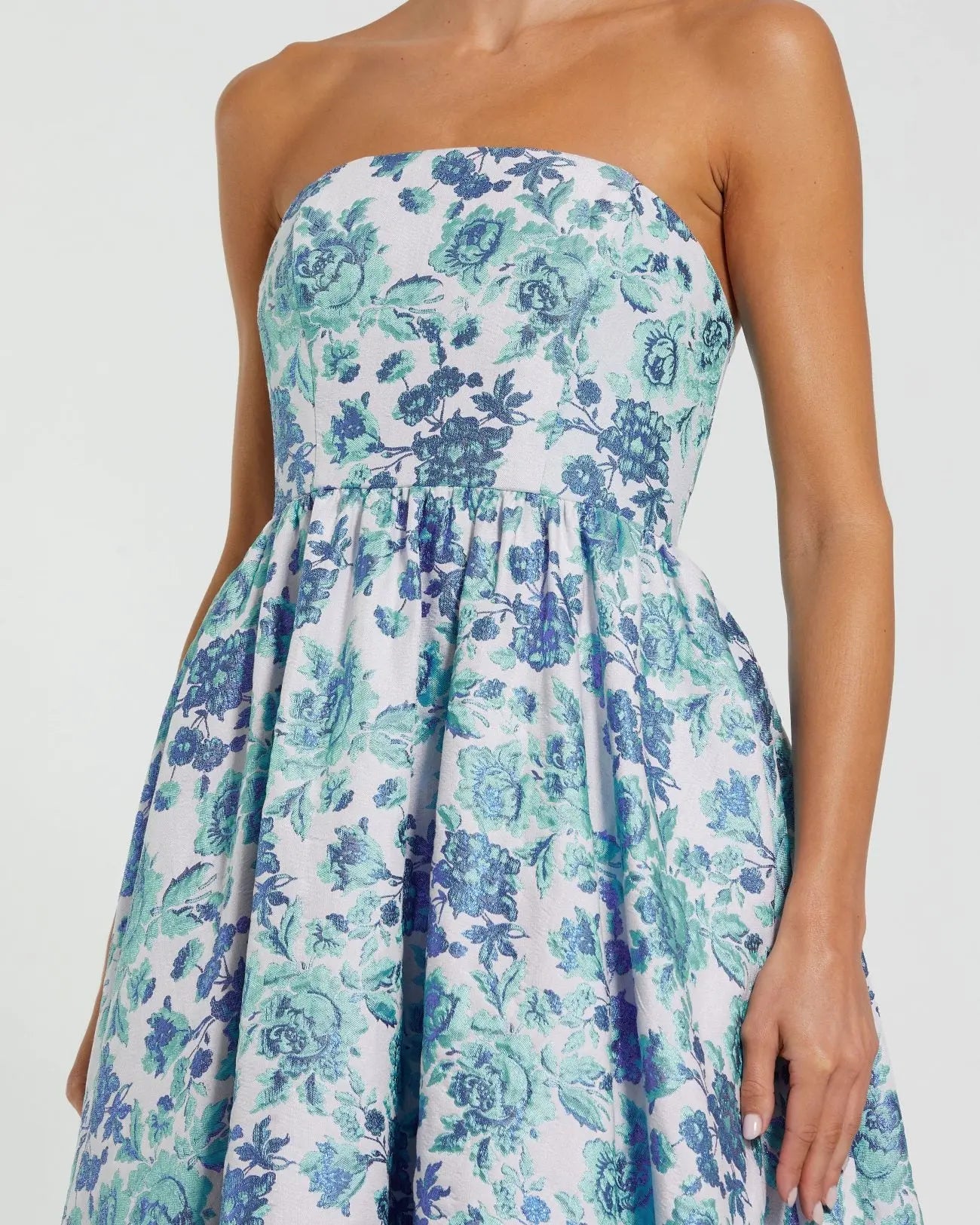 Blue Floral Brocade Strapless A Line Midi Dress-Myartka