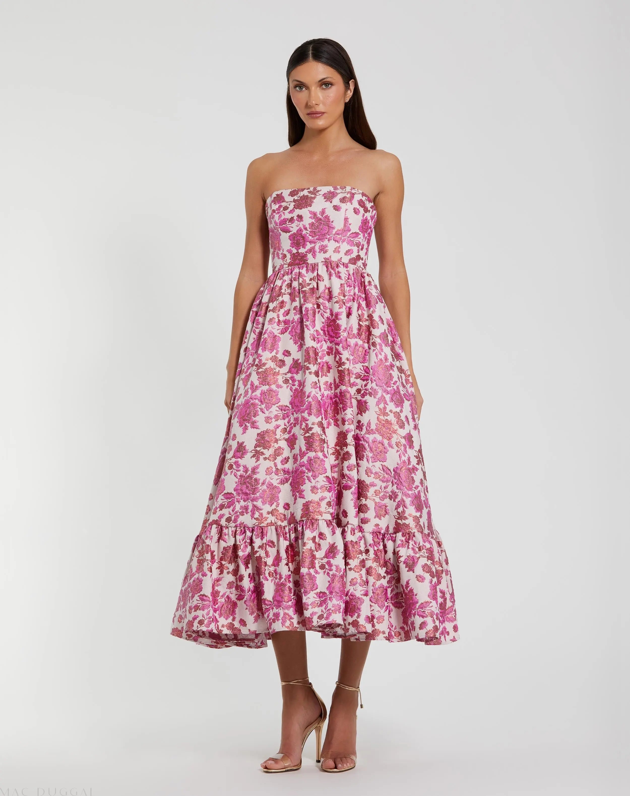 Pink Floral Brocade Strapless A Line Midi Dress-Myartka