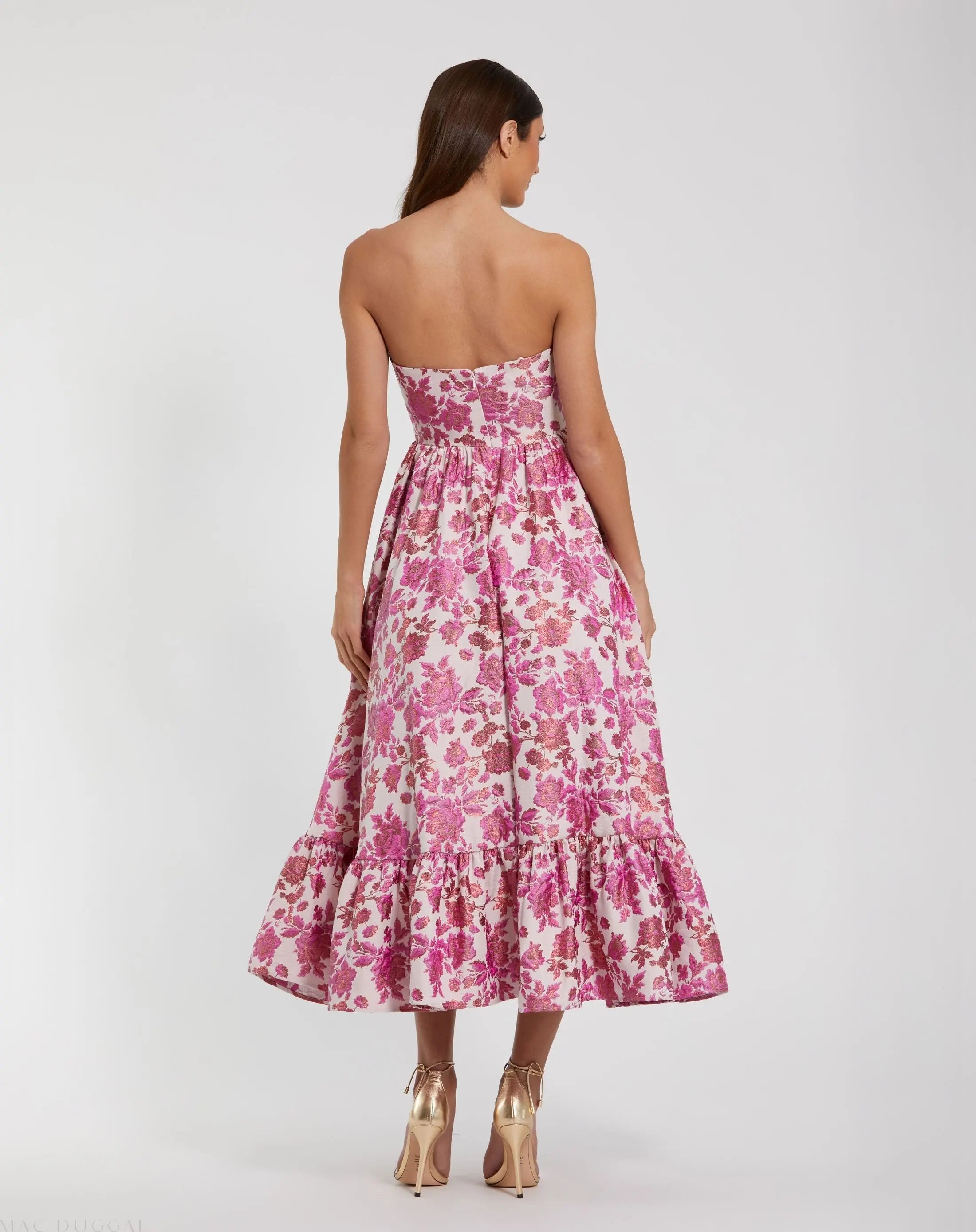 Pink Floral Brocade Strapless A Line Midi Dress-Myartka
