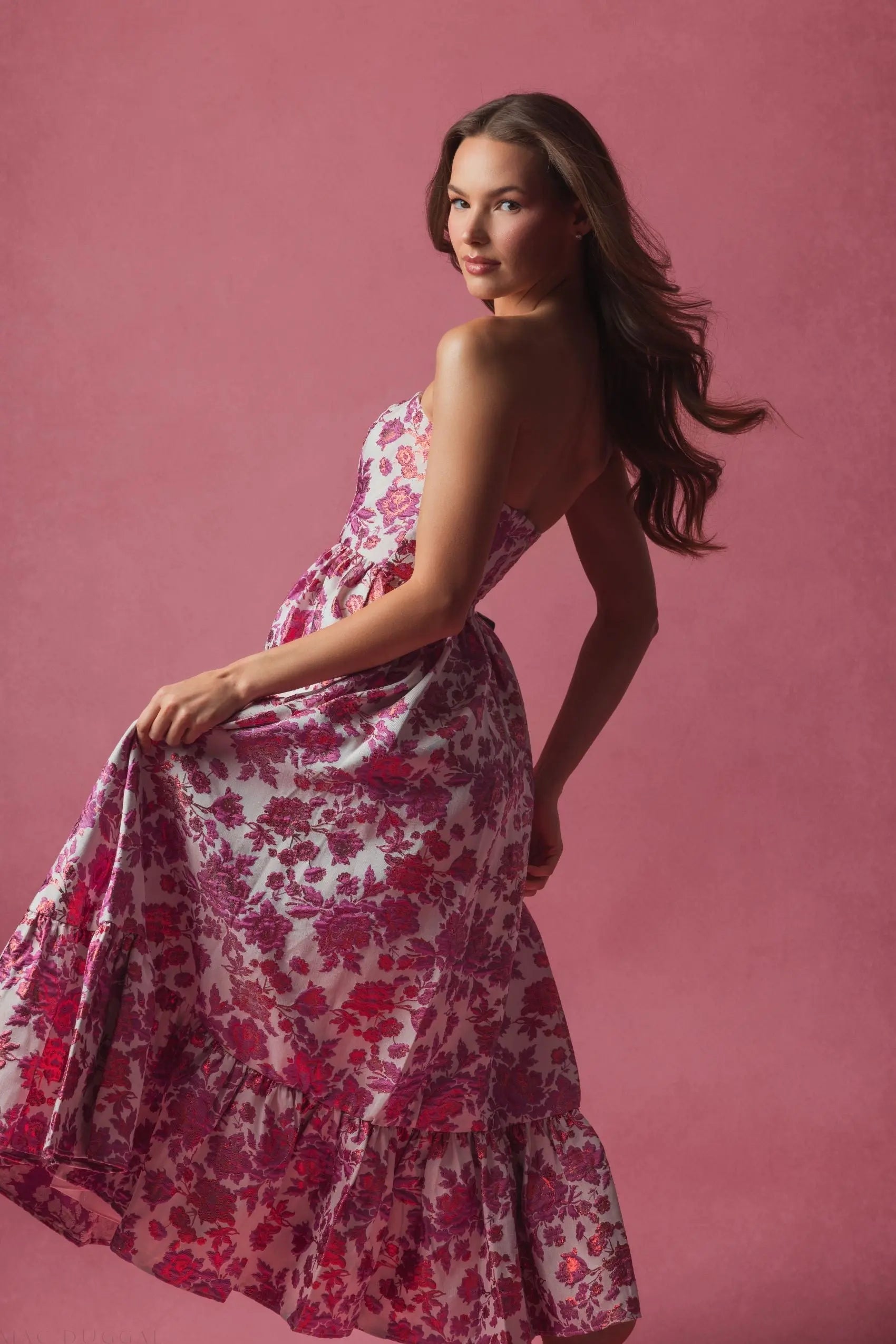 Pink Floral Brocade Strapless A Line Midi Dress-Myartka