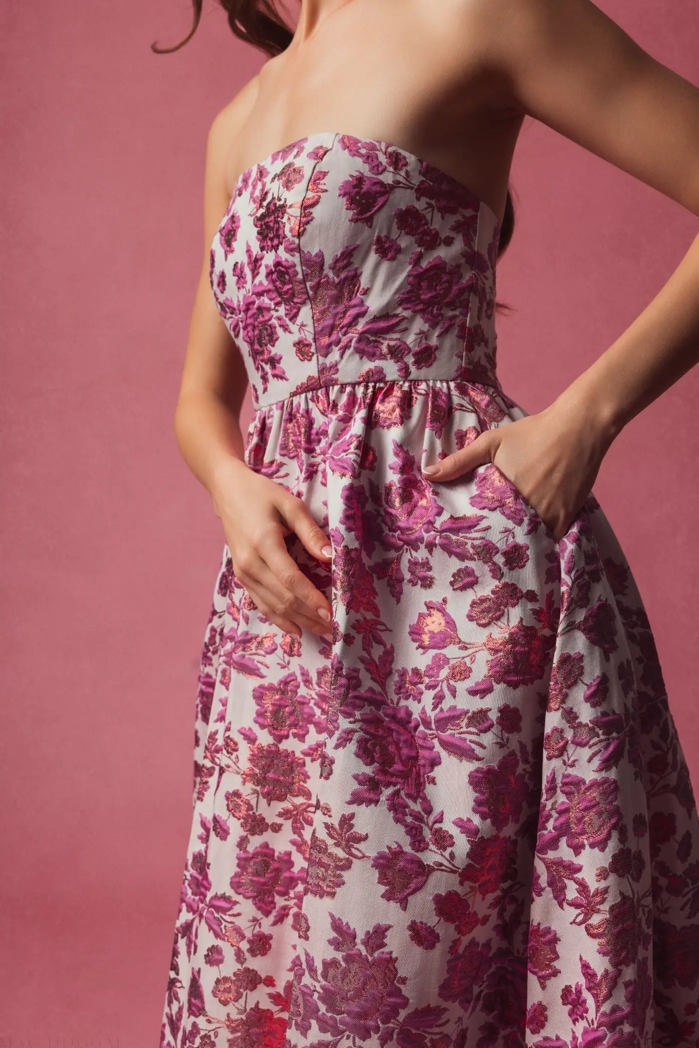 Pink Floral Brocade Strapless A Line Midi Dress-Myartka