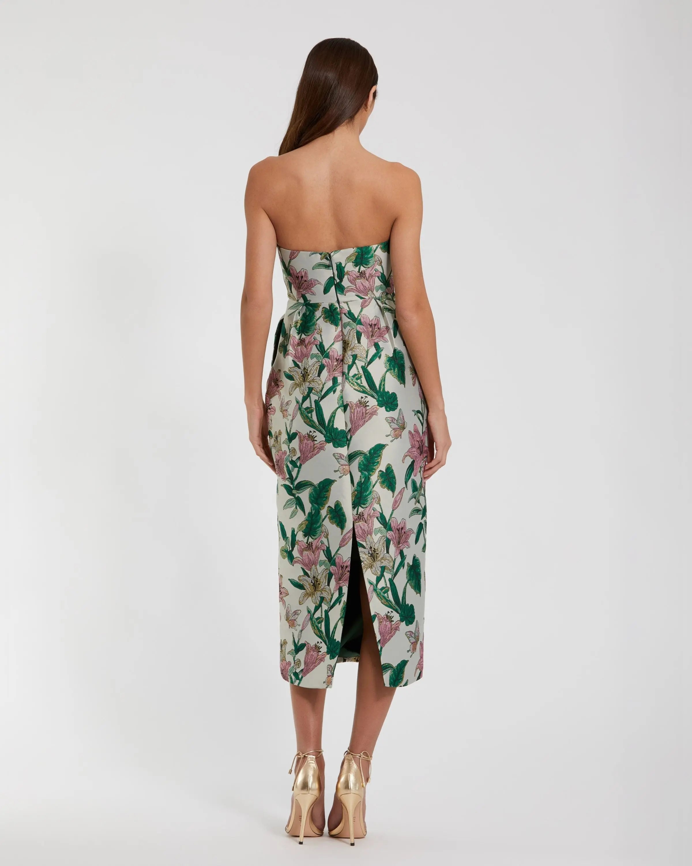 Multicolor Floral Brocade Strapless Fitted Midi Dress-Myartka