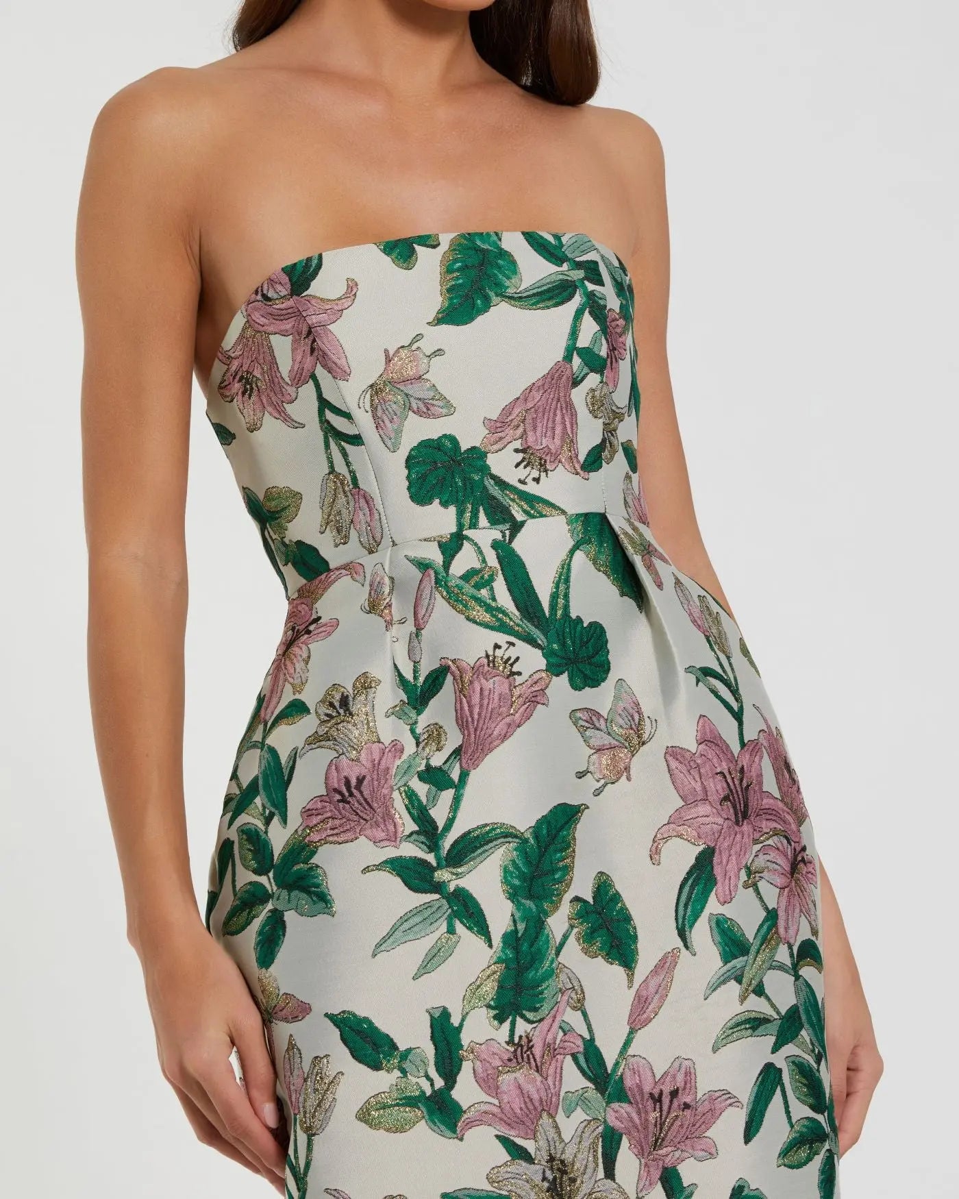 Multicolor Floral Brocade Strapless Fitted Midi Dress-Myartka