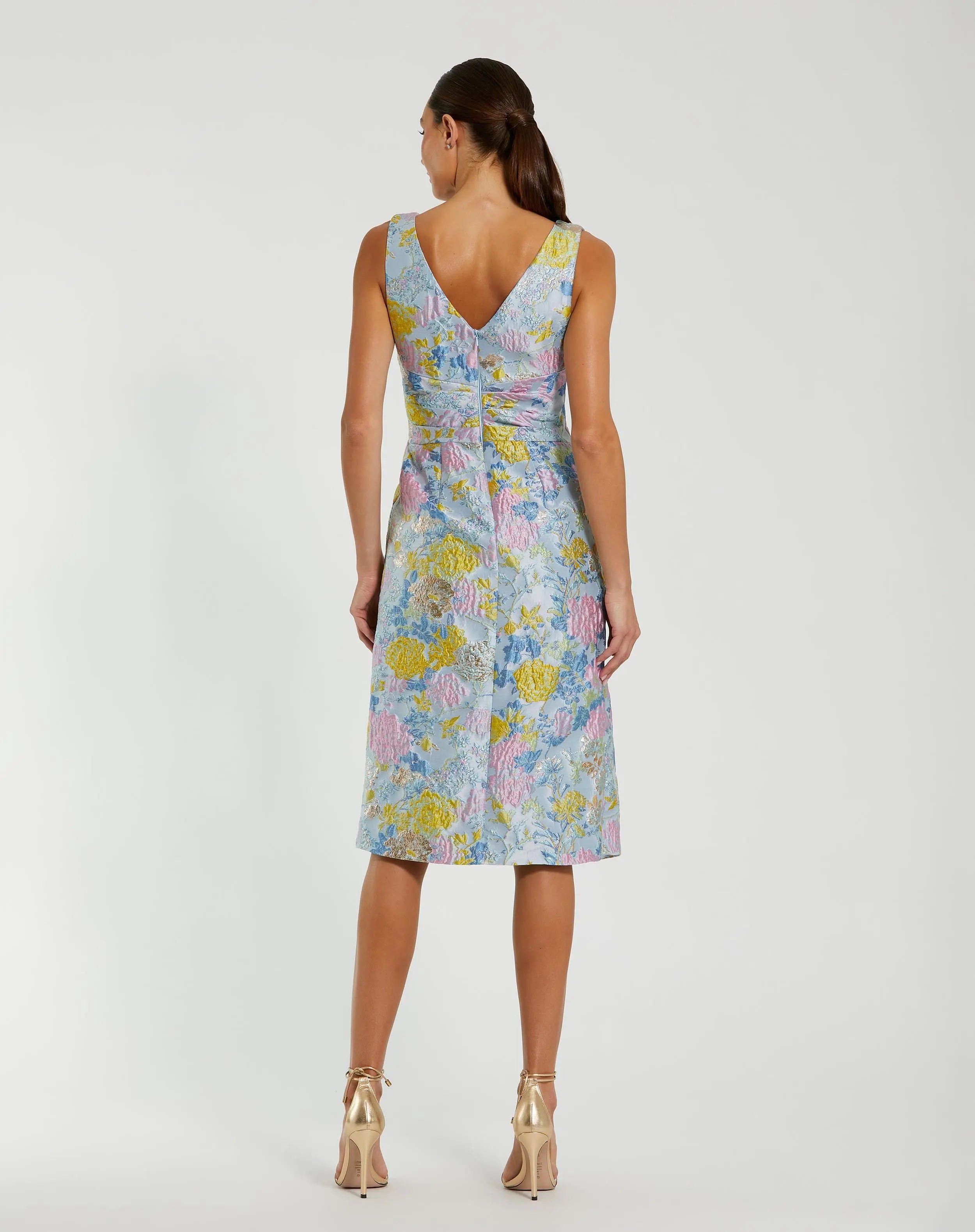 Blue Floral Brocade Sleeveless Midi Dress With Bow-Myartka
