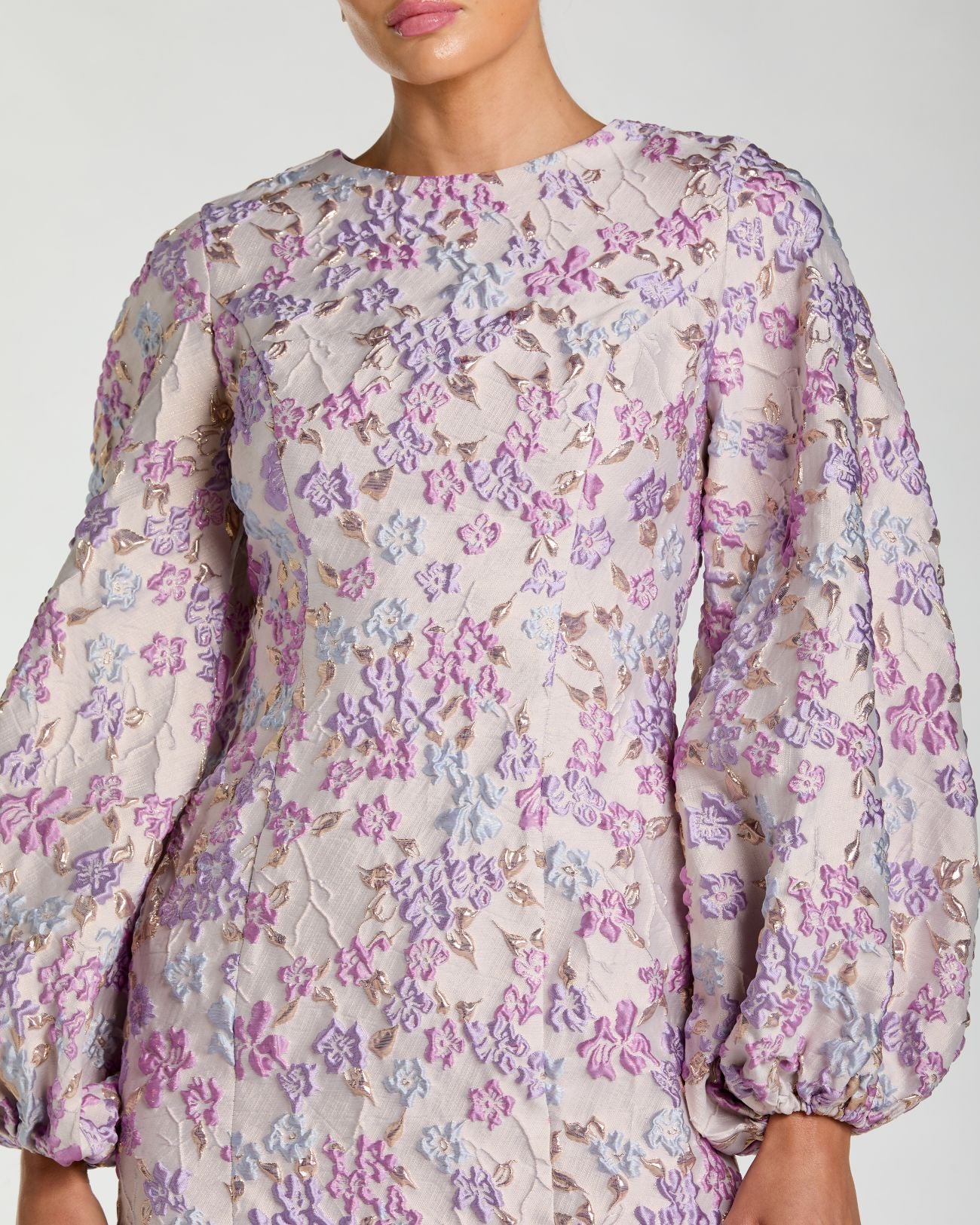 Purple Floral Brocade Balloon Sleeve Mini Dress-Myartka