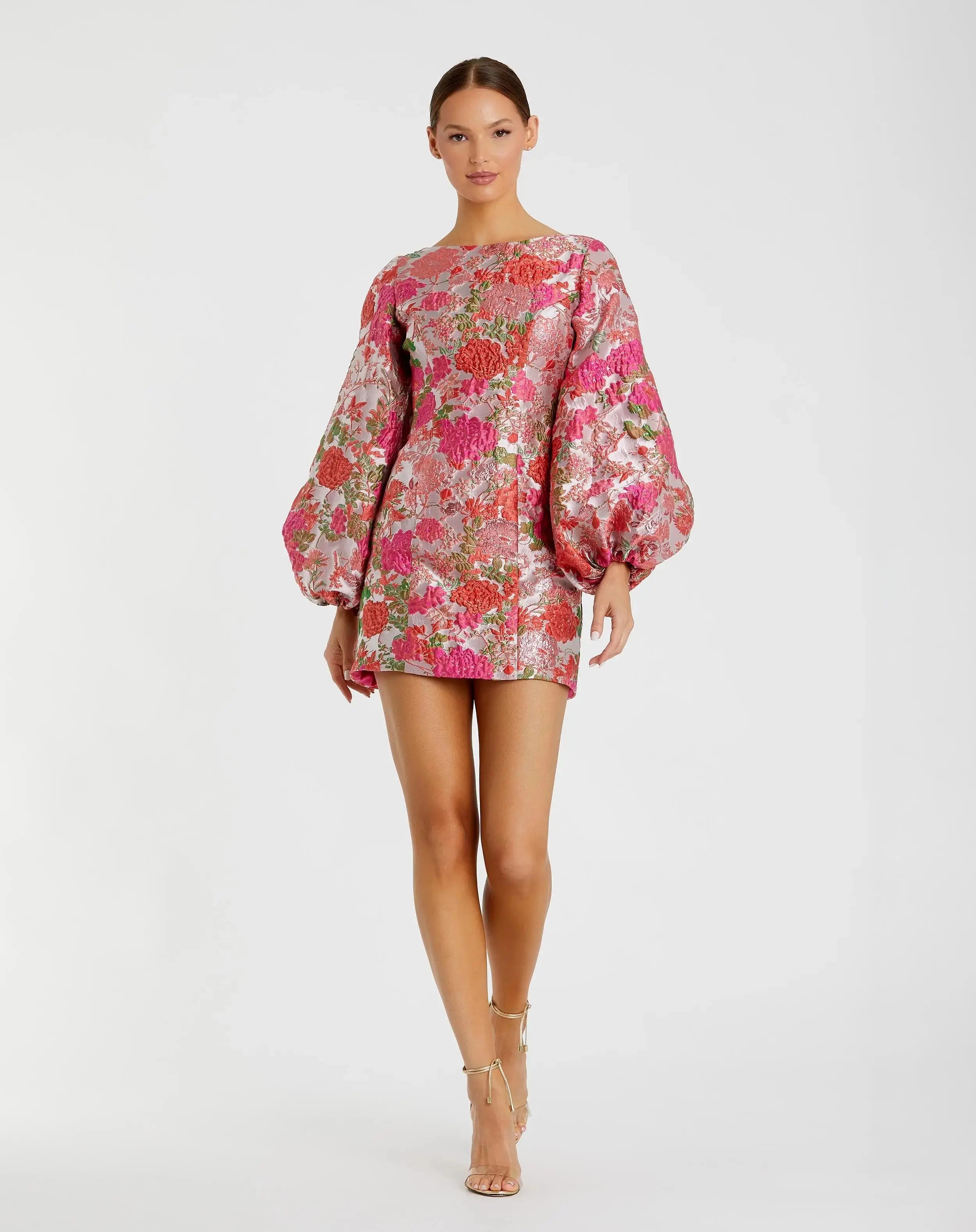 Floral Brocade Balloon Sleeve Mini Dress-Myartka