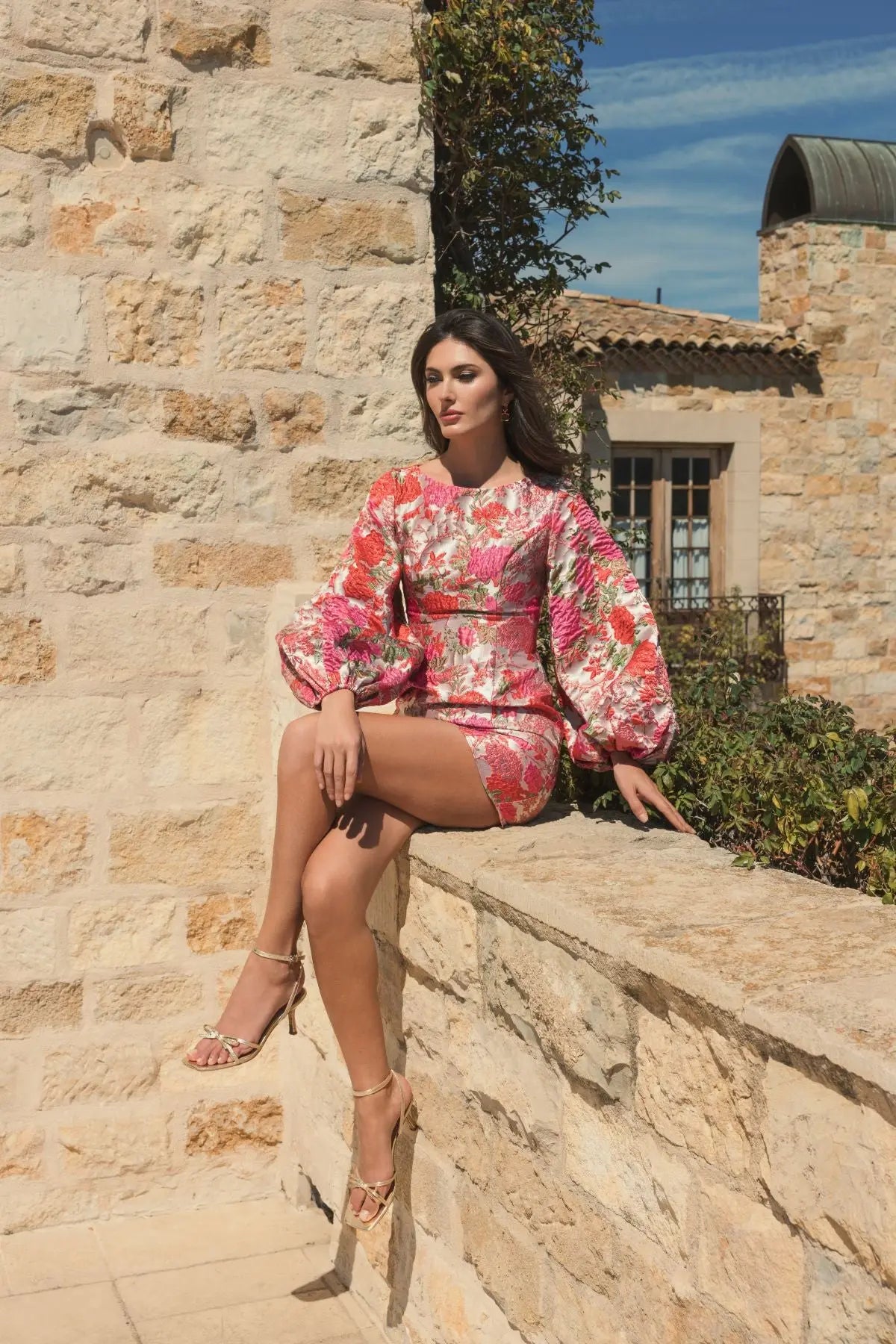 Pink Floral Brocade Balloon Sleeve Mini Dress-Myartka