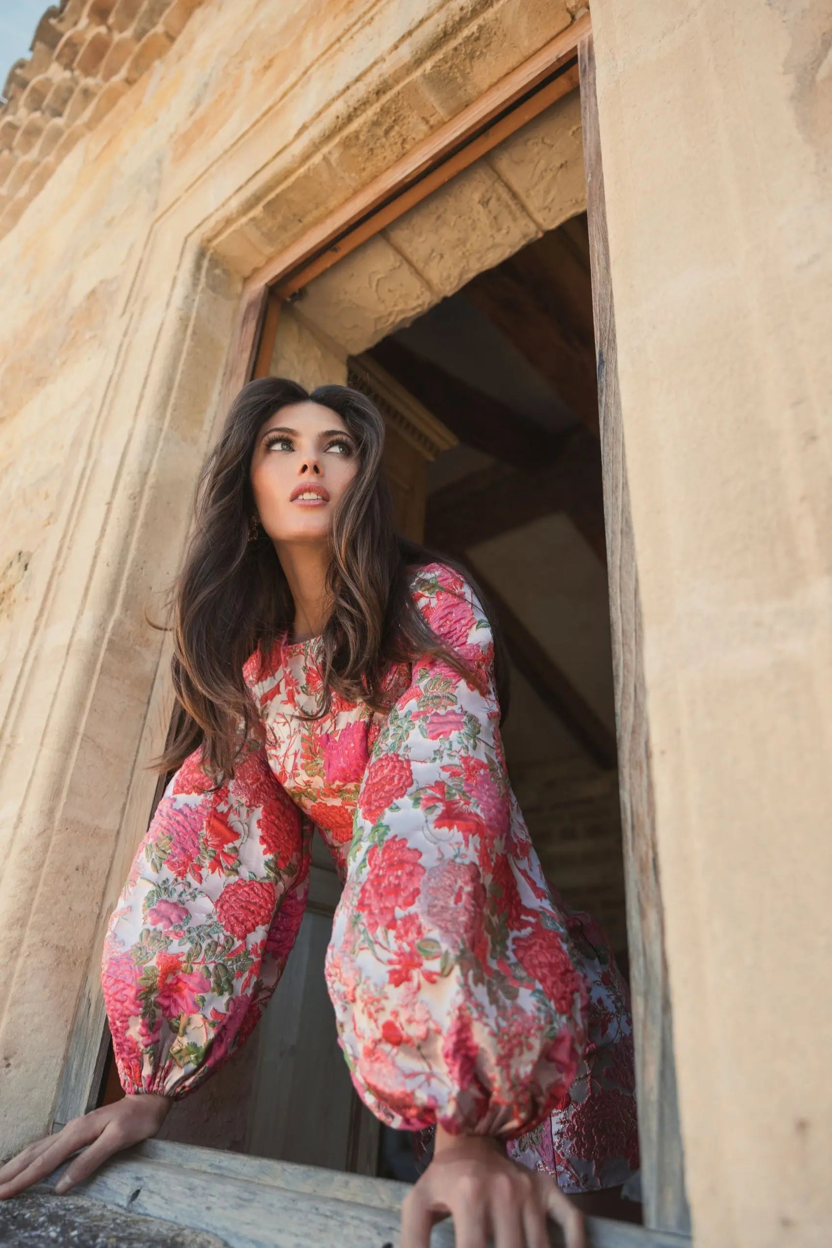 Pink Floral Brocade Balloon Sleeve Mini Dress-Myartka