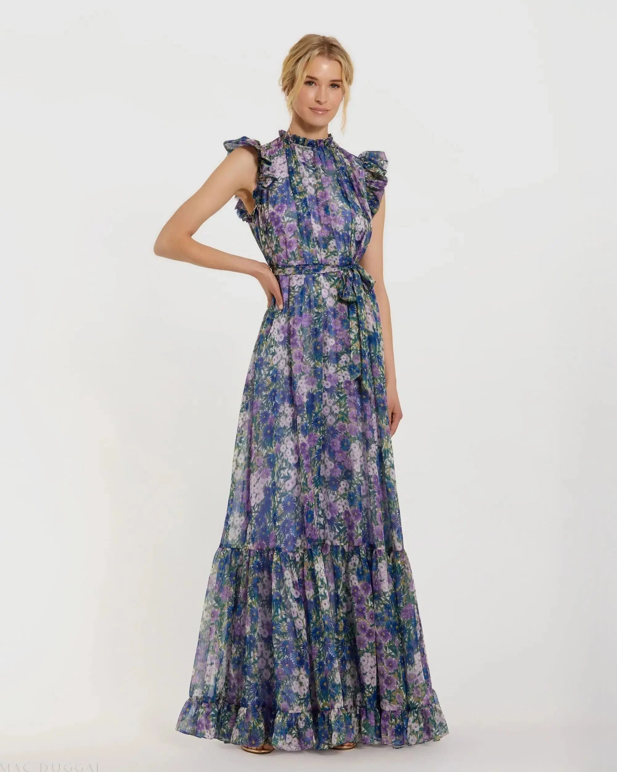 Purple Printed Chiffon Ruffle Sleeve Maxi Dress with Bow Belt-Myartka