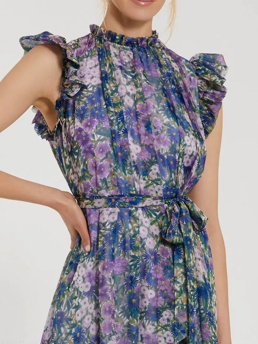 Purple Printed Chiffon Ruffle Sleeve Maxi Dress with Bow Belt-Myartka