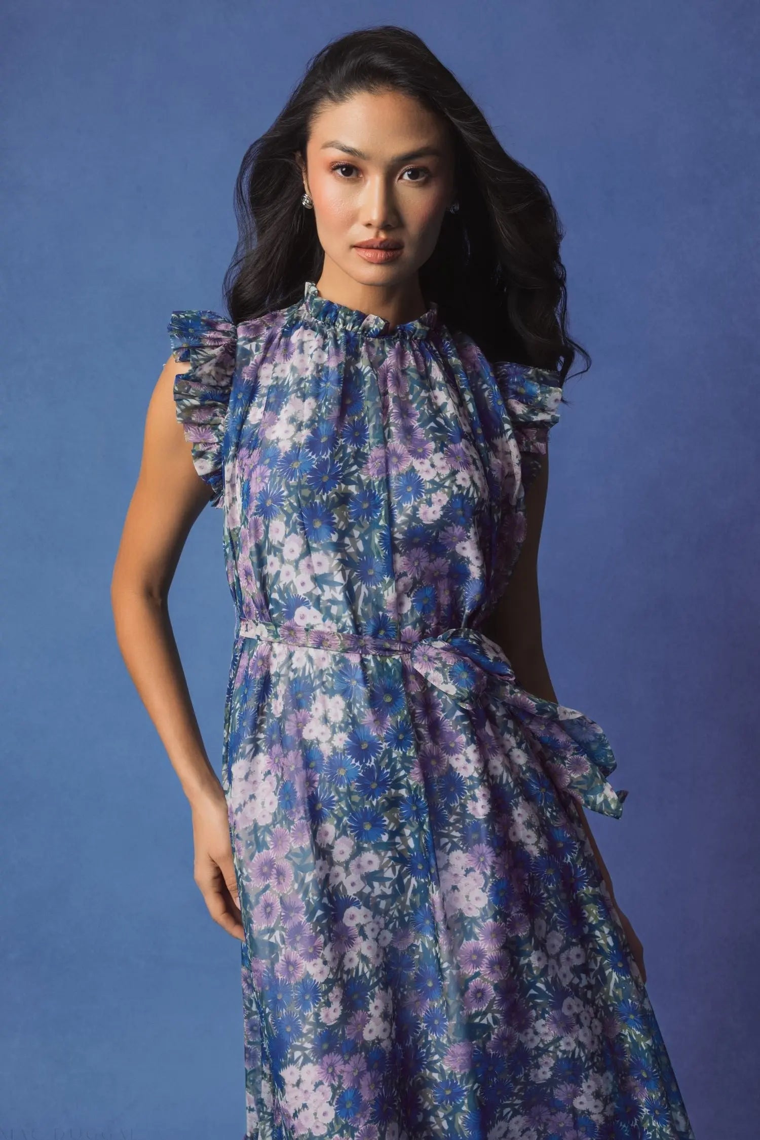 Purple Printed Chiffon Ruffle Sleeve Maxi Dress with Bow Belt-Myartka