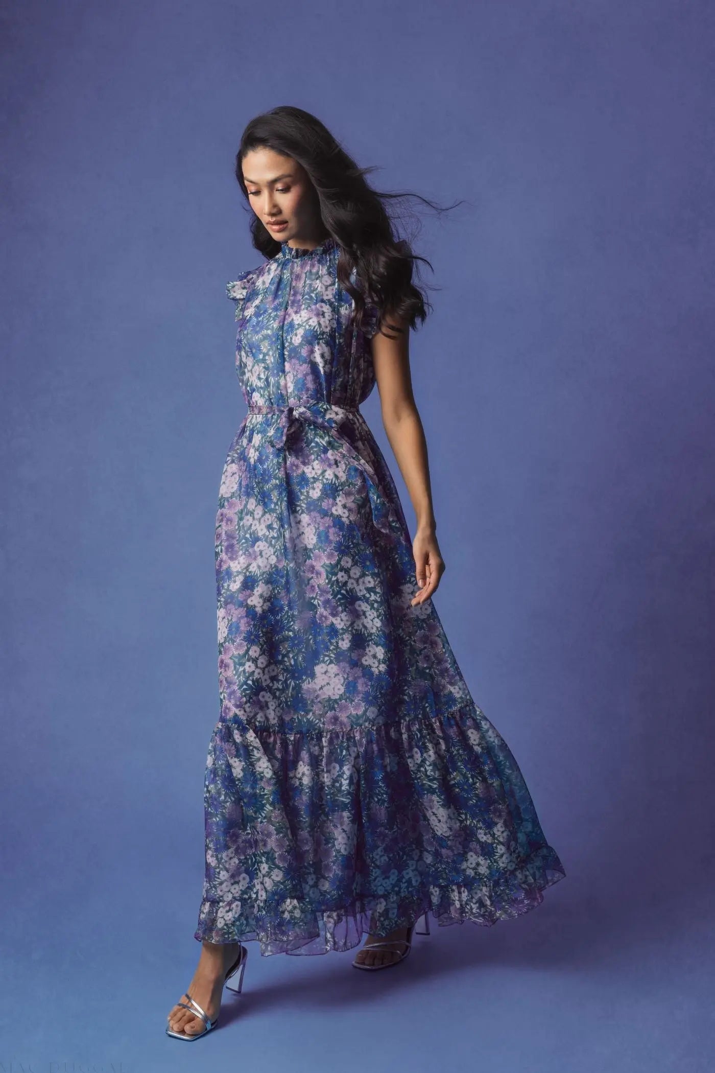 Purple Printed Chiffon Ruffle Sleeve Maxi Dress with Bow Belt-Myartka