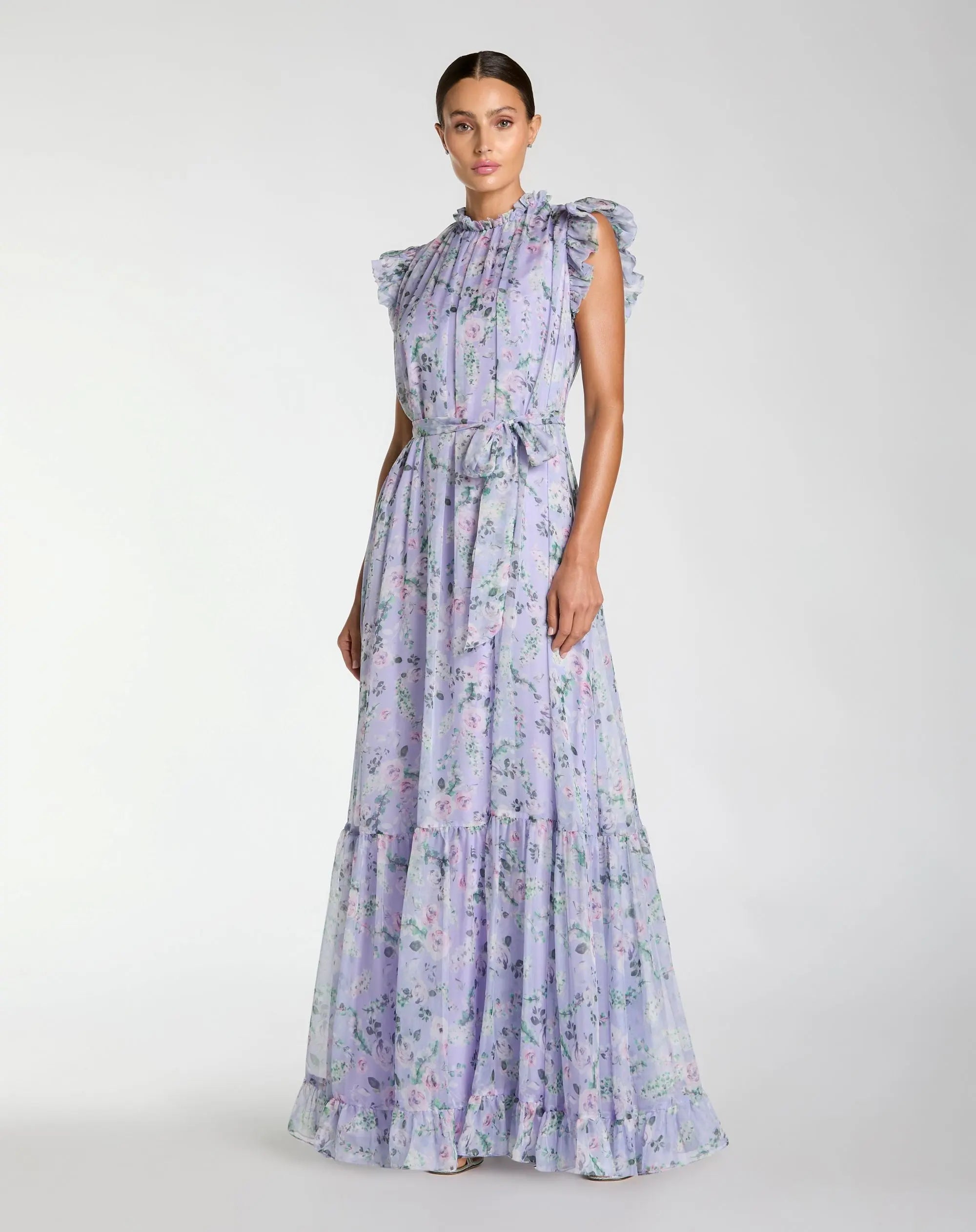 Light Purple Printed Chiffon Ruffle Sleeve Maxi Dress with Bow Belt-Myartka