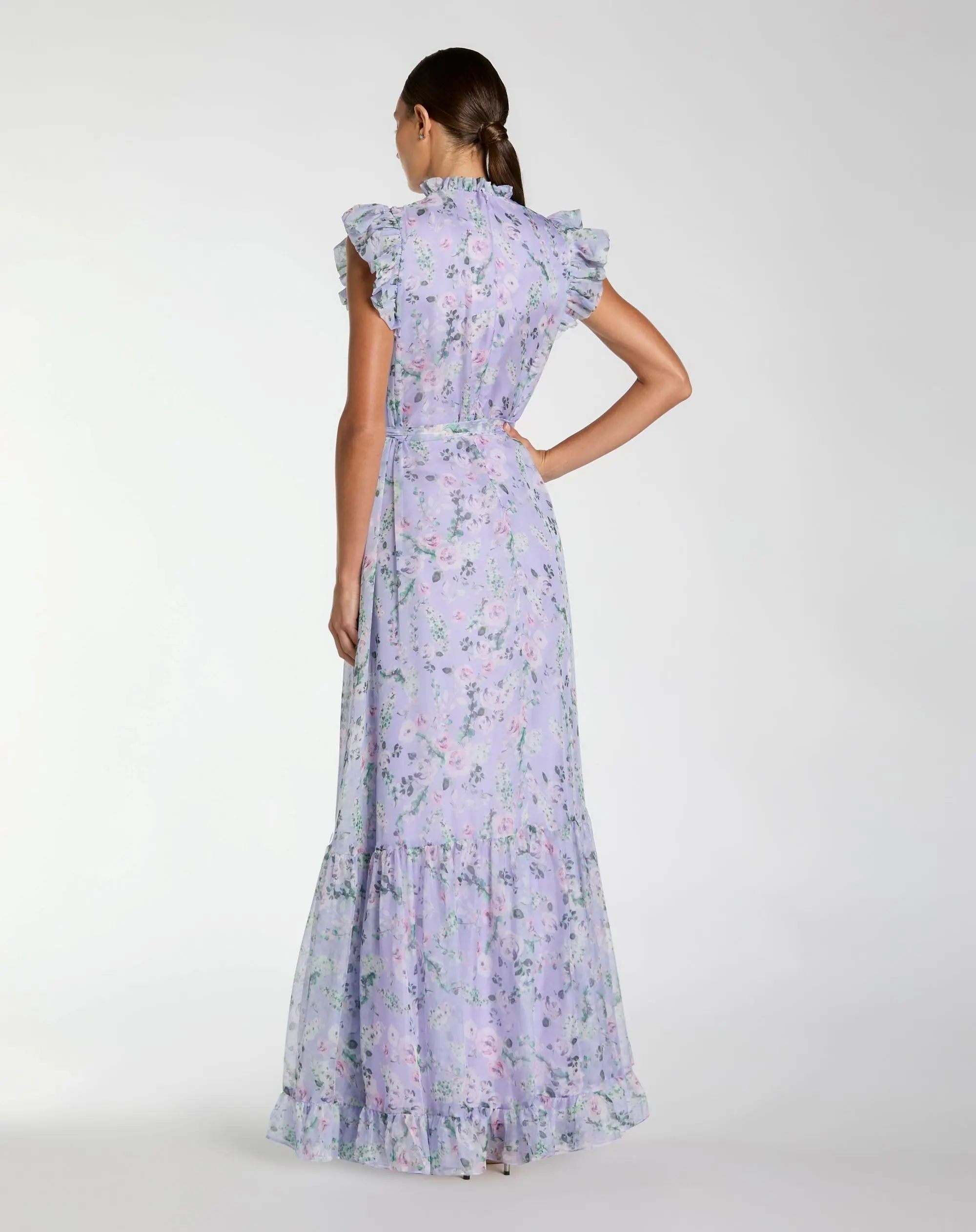 Light Purple Printed Chiffon Ruffle Sleeve Maxi Dress with Bow Belt-Myartka